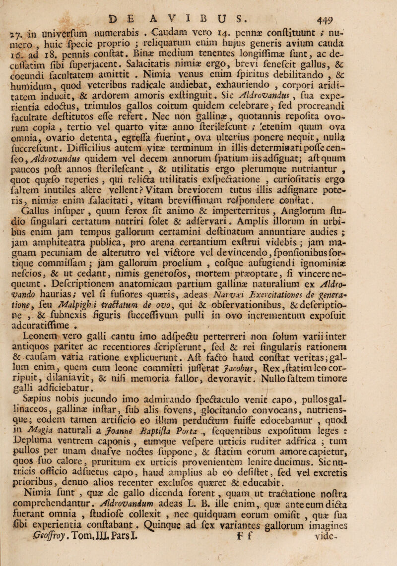 ij. in univerfum numerabis . Caudam vero 14. penna? conftituunt ; nu¬ mero , huic ipecie proprio ; reliquarum enim hujus generis avium cauda 16, ad 18. pennis conftat. Bina? medium tenentes longiffima? funt, ac de- cufiatim fibi fuperjacent. Salacitatis nimia? ergo, brevi fenefcit gallus, Sc coeundi facultatem amittit . Nimia venus enim fpiritus debilitando , & humidum, quod veteribus radicale audiebat, exhauriendo , corpori aridi¬ tatem inducit, & ardorem amoris exftinguit. Sic Aldrovandus ^ fua expe¬ rientia edodus, trimulos gallos coitum quidem celebrare, fed procreandi facultate deftitutos effe refert. Nec non gallina?, quotannis repofita ovo¬ rum copia , tertio vel quarto vita? anno fterilefcunt ; ^etenim quum ova omnia, ovario detenta, egreffa fuerint, ova ulterius ponere nequit, nulla fuccrefcunt. Difficilius autem vita? terminum in illis determinari poffecen- feo yAldrovandus quidem vel decem annorum fpatium iis adfignat; aftquum paucos poft annos fterilefcant , & utilitatis ergo plerumque nutriantur , quot quaefo reperies , qui relida utilitatis exfpedatione , curiolitatis ergo faltem inutiles alere vellent? Vitam breviorem tutus illis adfignare pote¬ ris, nimia? enim falacitati, vitam breviffimam refpondere condat. Gallus infuper , quuin ferox fit animo & imperterritus , Anglorum ftu- dio lingulari certatum nutriri folet & adfervari. Amplis illorum in urbi¬ bus enim jam tempus gallorum certamini deftinatum annuntiare audies ; jam amphiteatra publica, pro arena certantium exftrui videbis; jam ma¬ gnam pecuniam de alterutro vel vidore vel devincendo, fponfionibus for¬ tique commillam ; jam gallorum proelium , eofque aufugiendi ignominiae nefcios, & ut cedant, nimis generofos, mortem praeoptare, fi vincere ne¬ queunt . Defcriptionem anatomicam partium gallina? naturalium ex Aldro- vando haurias; vel fi fufiores quseris, adeas Narvxi Exercitationes de genera* tione, feu Malpighi traBatum de ovo, qui & obfervationibus, & defcriptio- ne , & fubnexis figuris fucceffivum pulli in ovo incrementum expofuit adcuratiffime . Leonem vero galli cantu imo adfpedu perterreri non folum varii inter antiquos pariter ac recentiores icripferunt, fed & rei lingularis rationem & cautam varia ratione explicuerunt. Aft fado haud conftat veritas;gal¬ lum enim, quem cura leone cGramitti julferat Jacobus, Rex vftatim leo cor¬ ripuit, dilaniavit, nili memoria fallor, devoravit, NulLo faltem timore galli adficiebatur. , i Sa?pius nobis jucundo imo admirando fpedaculo venit capo, pullos gal¬ linaceos, gallina? inftar, fub alis fovens, glocitando convocans, nutriens- que; eodem tamen artificio eo illum perdudum fuiife edocebamur , quod in Magia naturali a Joanne Baptifla Porta , fequentibus expolitum leges t Depluma ventrem caponis , eumque vefpere urticis ruditer adfrica ; tum pullos per unam duafve nodes fuppone , & ftatim eorum amore capietur, quos fuo calore, pruritum ex urticis provenientem lenire ducimus. Sic nu¬ tricis officio adfuetus capo, haud amplius ab eo defiftet, fed vd excretis prioribus, denuo alios recenter exclufos qmeret & educabit. Nimia funt , qua? de gallo dicenda forent, quam ut tradatione noftra comprehendantur. AIdrovandum adeas L. B. ille enim,, quae ante eum dida fuerant omnia , ftudiofe collexit , nec quidquam eorum omifit , quae fua libi experientia conflabant. Quinque ad fex variantes gallorum imagines Geoffroy. Tom, III, Pars I. ¥ f vide- • f - . j?