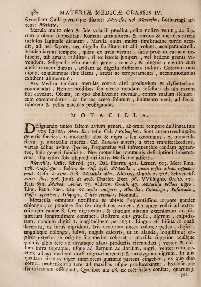 foemellam Galli plerumque dicunt: Merlejjfey vel Merluche, Lotharingi au~ tem: Merlette. Merula multo oleo Sc fale volatili prodita , cibo noftro venit ^ ac Fuc- cum probum fuppeaitat. Romani antiquiores, & turdos Sc merulas caveis inclufos faginafle dicuntur . Merula enim multa fimilitudine turdo acce¬ dit, aft nec fapore, nec digeftu facilitate ut alii volunt, sequiparandaeft* Vindemiarum tempore , quum ex uvis vivant , fatis probam carnem ex¬ hibent, aft amara redditur, fi ex baccis juniperi , vel hedera* granis vi¬ vendum . Seligenda efto merula junior , tenera , Sc pinguis ; etenim cum annis carnem duram , aridam ac digeftu difficilem induit. Ceterum om¬ nibus, cujufcumque fint ftatus , astatis ac temperamenti , accommodatum exhibent alimentum. Ars Medica tandem merulas contra alvi profluvium Sc dyfenteriam commendat . Hasmorrhoidibus feu ulcere quodam infeftati ab ufu earum fibi caveant. Oleum, in quo ebulliverint merula, contra malum ifchiati- cum commendatur; Sc ftercus aceto folutum , linimento venit ad faciei ruborem Sc pellis maculas profligandas. MOTACILLA. Efignando unico faltem avium generi, ab omni tempore deftinata fuit JL/ vox Latina: Motacilla; tefte Cei. FPilloughby. Sunt autem tres hujufce, generis fpecies, i. motacilla alba Sc nigra , feu communis , 2. motacilla flava, 3. motacilla cinerea. Cei. Linnaus autem, a trito tramite fecedens, varias adhuc avium fpecies, frequentius vel infrequentius caudam agitan¬ tes, huic generi fubdidit . Nos motacilla; communis defcriptioni inhaeream mus, illa enim fola aliquod utilitatis Medicina; adfert. Motacilla. Offic. Schrod. 321. Dal. Pharm. 422. Lqrner. 503. Merr.Pinn. 178. Cnipologus ... Belon. des Oif. 356. Motacilla , quam noftri albam cognomi¬ nant. Gefn. deavib. <5i8. Motacilla alba. Aldrov. Ornitb. 2. 726. Schvenckf. aviar. filef. 306. Jonft. de avib. Charlet. Exer. 96. VVillughb. Ornitb. 171. Raii Syn. Method. Aviar. 75. Aldrov. Ornitb. 47. Motacilla pedore nigro . Linn. Faun. Suec. 214. Motacilla vulgaris , Albicilla, Culicilega , Sufurrada > Pajfer aquaticus, Sifopygis, Cauia tremula. Nonnull. Motacilla omnibus notiflima Sc ubivis frequenti (fima corpore gaudet oblongo , Sc pondere fuo fex drachmas explet . Ab apice roftri ad extre¬ mitatem cauda; 8. fere digitorum, Sc fpatium alarum extenfarum 11. di¬ gitorum longitudinem continet . Roftrum ejus gracile , nigrum , cufpida- tum, nondum digiti 1. longitudinem pertingit. Lingua eft bifida Sc quafi lacerata, os intus nigridum. Iris oculorum nuceo colore; pedes , digiti , lingukeque oblonga;, fulvo; ungula calcaris, ut in alauda, longiflima; di¬ gitus exterior in origine fua medio coh^ret ; maxilla fuperior oculique plumis albis fere ad utramque alam produdis circumdati ; vertex Sc col¬ lum infra fupraque, ufque ad fternum ac dorfurn, nigri; venter cum pe¬ core albus; medium dorfi nigro-cinereum; Sc uropygium nigrum. In alia quadam circulus niger inferiorem gutturis partem cingebat , ex quo duo cornua proficifcentia fere ad maxillas ufque producebantur . Extenfe ala; femicirculum effingunt, Quaslibet ala x8, ex redricibus conflat, quarum3. pri-