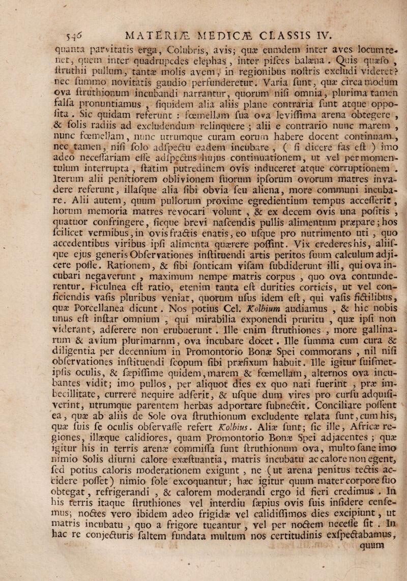 quanta parvitatis erga , Colubris, avis; qua? enmdem inter aves locum te¬ net, quem inter quadrupedes elephas , inter pilees balaena . Quis qua?fo , iiruthii pullum, tanta? molis avem, in regionibus noftris excludi videret? nec furnrno novitatis gaudio perfunderetur. Varia funt, qua: circa modum ova ftruthionum incubandi narrantur, quorum nifi omnia, plurima tamen falfa pronuntiamus , fiquidem alia aliis plane contraria funt atque oppo- lita . Sic quidam referunt : fcemellam fua ova leviffima arena obtegere , & Colis radiis ad excludendum relinquere ; alii e contrario nunc marem , nunc foemellam, nunc utrutnque curam corti-a habere docent continuam., nec tamen, nili folo adfpedu eadem incubare, ( (i dicere fas eft ) imo adeo neceffariam elbe adfpedus hujus continuationem, ut vel per momen- tulum interrupta , ftatim putredinem ovis induceret atque corruptionem . Iterum alii penitiorem oblivionem Iliorum ipforum ovorum matres inva¬ dere referunt, illafque alia fibi obvia feu aliena, more communi incuba¬ re. Alii autem, quum pullorum proxime egredientium tempus acceflerit, horum memoria matres revocari volunt , & ex decem ovis una pofitis , quatuor confringere, ficque brevi nafcendis pullis alimentum praspare; hos fcilicet vermibus,in wisfradis enatis, eo ufque pro nutrimento uti , quo accedentibus viribus ipfi alimenta querere poflint. Vix credereshis, aliif- que ejus generis Obfervationes inftituendi artis peritos fuum calculum adji¬ cere polle. Rationem, & fibi fonticam vifam fubdiderunt illi, qui ova in¬ cubari negaverunt , maximum nempe matris corpus , quo ova contunde¬ rentur, Ficulnea eft ratio, etenim tanta eft durities corticis, ut vel con¬ ficiendis vafis pluribus veniat, quorum ufus idem eft, qui vafis fidilibus, qua? Forcellanea dicunt, Nos potius Cei. Kolbium audiamus , & hic nobis unus eft inftar omnium . qui mirabilia exponendi pruritu , qua? ipfi non viderant, adferere non erubuerunt . Ille enim ftruthiones , more gallina¬ rum & avium plurimarnm, ova incubare docet. Ille fumma cum cura & diligentia per decennium in Promontorio Bon^ Spei commorans , nil nift obfervationes inftituendi fcopum fibi praefixum habuit. Ille igitur fuifmet- ipfis oculis, & fa?piffime quidem,marem & foemellam, alternos ova incu¬ bantes vidit; imo pullos, per aliquot dies ex quo nati fuerint , pr^ im¬ becillitate, currere nequire adferit, Sc ufque dum vires pro curfu adquifi- verint, utrumque parentem herbas adportare fubnedit, Conciliare poffent ea, qua? ab aliis de Sole ova ftruthionum excludente relata funt, cum his, qua? fuis fe oculis obfervaffe refert Kolbius. Alia? funt; fic ille, Africa re¬ giones, illa?que calidiores, quam Promontorio Bon^ Spei adjacentes ; qua? igitur his in terris arena? commiffa funt ftruthionum ova, multofaneimo nimio Solis diurni calore exa?ftuantia, matris incubatu ac calore non egent, fed potius caloris moderationem exigunt , ne (ut arena penitus tedis ac¬ cidere pofiet) nimio fole excoquantur; ha?c igitur quum mater corpore fuo obtegat, refrigerandi , & calorem moderandi ergo id fieri credimus . Ili his terris itaque ftruthiones vel interdiu fa?pius ovis fuis infidere cenfe- mus; nodes vero ibidem adeo frigida? vel calidifllmos dies excipiunt, ut matris incubatu , quo a frigore tueantur , vel per nodem necelfe fit . In hac re conjeduris faltem fundata multum nos certitudinis exfpedabamus.