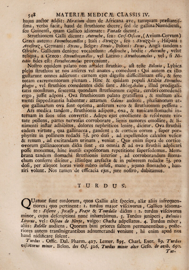 hujus audor addit: Horatium dum de Africana ave, tamquam praeftantif- fima, verba facit, haud de ftruthione dicere, fed de gallinaNumidienfr, feu Guinenfi, quam Gallico idiomate: Pintacte dicunt. Struthionem Galli dicunt: Autmche, Ceui CerfOifiauA vium-Cervum ) Graeci autem: Strouthocamilos; Itali : Strutigo , feu Struptfolo , Hifpani t Aveftru^, Germani: Straus, $klga?: Struis, Poioni: Strus, Angli tandem t Oftricbe. Gallicum; denique vocabulum: Aujlruche , hodie : Autruche , velut reliqua., a Graeco: Stroutbocamelos, vel Latino : Struthocamelus, vel , fi cttfio fides eft: Strucbocamelus proveniunt. Noftro equidem palato non arridet ftruthio y ad tefte Belonio , Lybica plebs ftruthios ut nos anferes vel anates., comeduntQui autem ex illo? gu flarunt omnes adferunt: carnem ejus digeftu difficillimam efle, & fere totam excrementorum plenam . Hinc & quidam populi Arabiae Stroutho- pbages, vel ftruthios comedentes, didi funt. Heliogabalus, illud prodigali¬ tatis monftrum, fexcenta quondam ftruthionum capita, cerebri comedendi ergo, juflit adponi. Ova ftruthionum palato gratifiima , & multum ali¬ menti fuppeditantia habentur; attamen Galeno audore , phafianorum at¬ que gallinarum ova funt optima, anferum vero & ftruthionum peffima Ars medica tandem, ftruthionis adipem, ova , & tunicam ftomachi in¬ ternam in fuos ufus convertit . Adeps ejus emolliente & refol vente vir¬ tute pollens, partes nervofas corroborare , lienis tumores emollire, & li¬ nimenti inftar adhibitus, dolores nephriticos lenire, dicitur. Ova ftruthii eadem virtute , qua gallinacea r gaudent ; & corticis eorum , fuper por- phyrite in pollinera redadi pro dofi , ad expellendos calculos vefica* & renum , ad excitandam urinam , veniat . Quae enim fupra de cortice ovorum gallinaceorum dida funt , ea omnia & ad ova ftruthii adplicari poffe monemus, hinc inutili expolitorum repetitione fuperfedemus. Mem¬ brana tandem ftomachi ftruthionis interior ad corroborandum ftoma- chum conferre dicitur, illiufque arefadae & in pul verem redadae 5j. pro dofi, per aliquot horas vino rubro infufi, mane , jejuno ftomacho , hau¬ riri volunt. Nos tamen de efficacia ejus, jure noftro, dubitamus. T U R D U QUatuor funt turdorum, quos Gallia alit fpecies, aliae aliis infrequen- tiores; quo pertinent: i. turdus major vifcivorus , Gallico idioma¬ te : Siferre , Jocaffe r Fraye & Tomdelle didus : 2. turdus vifcivorus minor, cujus defcriptioni nunc inhaerebimus. 3. Turdus juniperi, Belonio i Lhorne, vel: Oifeau de Nerte, vulgo: Cbacba adpellatus. 4. Turdus ruber, aliis: Rofelle audiens . Quorum bini priores faltem permanentibus , pofte- riores autem tranfmigrantibus adnumerandi veniunt , hi enim apud nos haud nidificare folent. Turdus . Offic. Dal. Pharm. 427. Lemer. §95. Charl. Exer. 89. Turdus vifcivorus minor, Belon. des Oif p6. Turdus minor alter Gefn. de avib. 690. Tur*