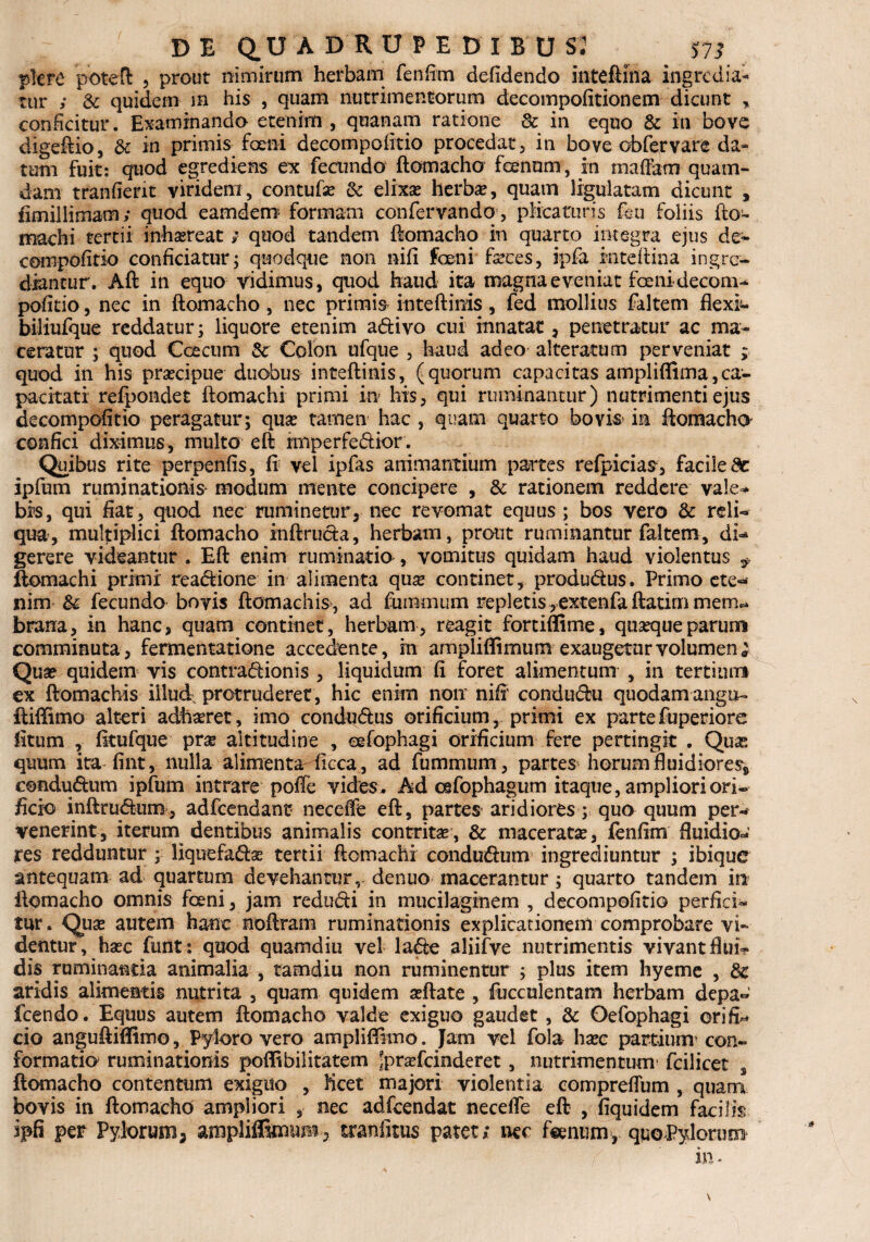 D E Q.U ADRUPEDIBUS; 57* plere poteft , prout nimirum herbam fenfim defidendo inteftina ingredia¬ tur ; & quidem in his , quam nutrimentorum decompofitionem dicunt , conficitur. Examinando etenim , quanam ratione & in equo & in bove digeftio, & in primis feni decompofitio procedat, in bove obfervare da¬ tum fuit: quod egrediens ex fecundo ftomacho fenum, in maffam quam¬ dam tranfient viridem, contufe & elixa? herbae, quam figulatam dicunt , iimillimam; quod eamdem formam confer vando, plicaturis feu foliis fto~ machi tertii inhaereat; quod tandem ftomacho in quarto integra ejus de¬ compofitio conficiatur; quodque non nifi feni feces, ipfa inteftina ingre¬ diantur. Aft in equo vidimus, quod haud ita nmgna eveniat fenidecom* pofitio, nec in ftomacho , nec primis in te ft inis , fed mollius faltem flexij- biliufque reddatur; liquore etenim adivo cui innatat, penetratur ac ma¬ ceratur ; quod Ccecum Sc Colon ufque , haud adeo alterarum perveniat ; quod in his prsecipue duobus inteftinis, (quorum capacitas ampliffima,ca¬ pacitati refpondet ftomachi primi m his, qui ruminantur) nutrimenti ejus decompofitio peragatur; quas tamen hac , quam quarto bovis* in ftomacho- confici diximus, multo eft rmperfedior. Quibus rite perpenfis, fi vel ipfas animantium partes refpicias, facile Sc ipfum ruminationis- modum mente concipere , & rationem reddere vale* bis, qui fiat, quod nec ruminetur, nec revomat equus ; bos vero & rdi* qua, multiplici ftomacho inftruda, herbam, prout ruminantur faltem, di* gerere videantur . Eft enim ruminatio, vomitus quidam haud violentus ftomachi primi readione in alimenta qua? continet, produdus. Primo ete¬ nim & fecundo bovis ftomachis, ad fummum repletis ,extenfa ftatim meiru brana, in hanc, quam continet, herbam, reagit fortiffime, qusequeparum comminuta, fermentatione accedente, m ampliffimum exaugetur volumen £ Qua? quidem vis contradionis , liquidum fi foret alimentum , in tertium ex ftomachis illud; protruderet , hic enim noir nifi condudu quodam angu- ftiffimo alteri adhaeret, imo condudus orificium, primi ex partefuperiore litum , fitufque prae altitudine , eefophagi orificium fere pertingit . Qux quum ita fint, nulla alimenta ficca, ad fummum, partes horum fluidiore^ condudum ipfum intrare pofle vides. Ad cefophagum itaque, ampliori ori¬ ficio inftrudum, adfcendant neceffe eft, partes aridiores; quo quum per¬ venerint, iterum dentibus animalis contritae, & maceratae, fenfim fluidio* res redduntur ; liquefada? tertii ftomachi condudum ingrediuntur ; ibique antequam ad quartum devehantur, denuo macerantur ; quarto tandem in ftomacho omnis fceni, jam redudi in mucilaginem , decompofitio perfici¬ tur . Qua? autem hanc noftram ruminationis explicationem comprobare vi¬ dentur, haec ftint: quod quamdiu vel lade aliifve nutrimentis vivant flui* dis ruminantia animalia , tamdiu non ruminentur ; plus item hyeme , 8c aridis alimentis nutrita , quam quidem seftate , fucculentam herbam depa~ fcendo. Equus autem ftomacho valde exiguo gaudet , & Oefophagi orifi¬ cio anguftiflimo, Pyloro vero ampliffhno. Jam vel fola haec partium* con¬ formatio ruminationis poffibilitatem Jprsfcinderet, nutrimentum fcilicet s ftomacho contentum exiguo , ficet majori violentia compreffum , quam bovis in ftomacho ampliori , nec adfcendat neceffe eft , fiquidem facilis ipfi per Pylorum, amplitranfitus patet; nec fenum, qqoPyloniro in*