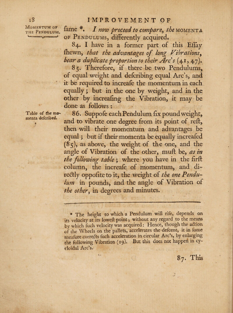Momentum of the Pendulum. Table of the mo¬ menta deferibed. fame *. I now proceed to compare, the momenta OF Pe ndulums, differently acquired. 84. I have in a former part of this Efiay fhewn, that the advantages of long Vibrations, bear a duplicate proportion to their Arc s (41, 47). 85. Therefore, if there be two Pendulums, of equal weight and deferibing equal Arc’s, and it be required to increafe the momentum in each equally ; but in the one by weight, and in the other by increafing the Vibration, it may be done as follows: 8 6. Suppofe each Pendulum fix pound weight, and to vibrate one degree from its point of reft, then will their momentum and advantages be equal; but if their momenta be equally increafed (85). as above, the weight of the one, and the angle of Vibration of the other, mu ft be, as in the following table ; where you have in the firft column, the increafe of momentum, and di¬ rectly oppofite to it, the weight of the one Pendu¬ lum in pounds, and the angle of Vibration of the other, in degrees and minutes. * The height to which a Pendulum will rife, depends on its velocity at its lowed: point; without any regard to the means fc*y which filch velocity was acquired: Hence, though the adfcion of the Wheels on the pallets, accelerates the defeent, it in fome rneafure corrects fuch acceleration in circular Arc’s, by enlarging the following Vibration (19). But this does not happen in cy¬ cloidal Arc’s. 87. This