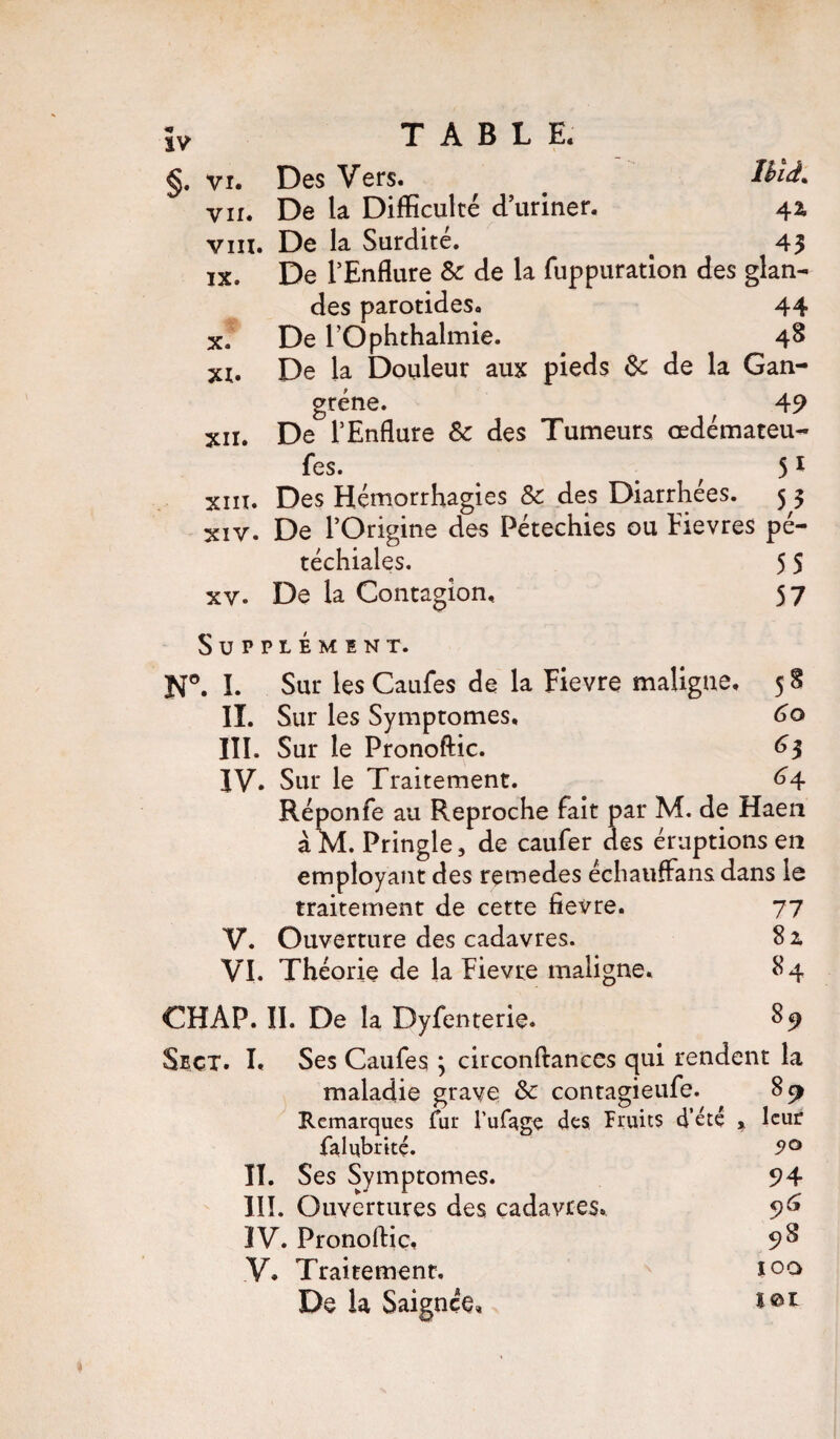 §. vi. Des Vers. # fàà. vu. De la Difficulté d’uriner. 42, vin. De la Surdite. ^ 43 ix. De l’Enflure & de la fuppuration des glan¬ des parotides. 44 x. De rOphthalmie. 48 xi. De la Douleur aux pieds de de la Gan¬ grène. 49 xii. De l’Enflure Sc des Tumeurs œdémateu- fes. 51 xiii. Des Hémorrhagies & des Diarrhées. 5 3 xiv. De l’Origine des Pétechies ou Eievres pé¬ téchiales. 5 5 xv. De la Contagion. 57 Supplément. N°. I. Sur les Caufes de la Fievre maligne. 5 8 II. Sur les Symptômes, 6o III. Sur le Pronoftic. 63 IV. Sur le Traitement. 64 Réponfe au Reproche fait par M. de Haen àM. Pringle, de caufer des éruptions en employant des remedes échauffans dans le traitement de cette fievre. 77 V. Ouverture des cadavres. 8 z VI. Théorie de la Fievre maligne. 84 CHAP. II. De la Dyfenterie. 89 Seci. I. Ses Caufes ; circonftances qui rendent la maladie grave & contagieufe. 8 c* Remarques fur l’ufage des fruits d’été leur falubrité. 90 II. Ses Symptômes. 94 III. Ouvertures des cadavres. 96 IV. Pronoftic, 9S V. Traitement. ï°£> De la Saignée»