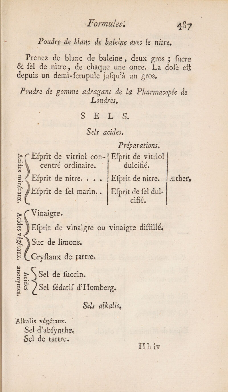 s. 87 Poudre de blanc de baleine avec le nitre• Prenez de blanc de baleine 5 deux gros ; flicre & Tel de nitre, de chaque une once* La dofe eS depuis un demi-fcrupule jufqu’à un gros» Poudre de gomme adragant de la Pharmacopée de > Ç Efprit de vitriol con centré ordinaire* SEL Sels acides» Préparations. Efprit de vitriol Çu O on a « 4 g. f Efprit de nitre. '1 / Efprit de fel marin. c dulcifié, . Efprit de nitre» Efprit de fel dul- • C / ciné» > Ç Vinaigre. §* | Efprit de vinaigre ou vinaigre diftillé* a V ^ 1 Suc de limons» rt M & ff « LCryftaux de jartre. Sel de fuccin. » . O > » 0. 1 S* y Sel rédatif d’Homberg, Sels alkalis9 Aikalis végétaux. Sel d’abfynthe. Sel de tartre.