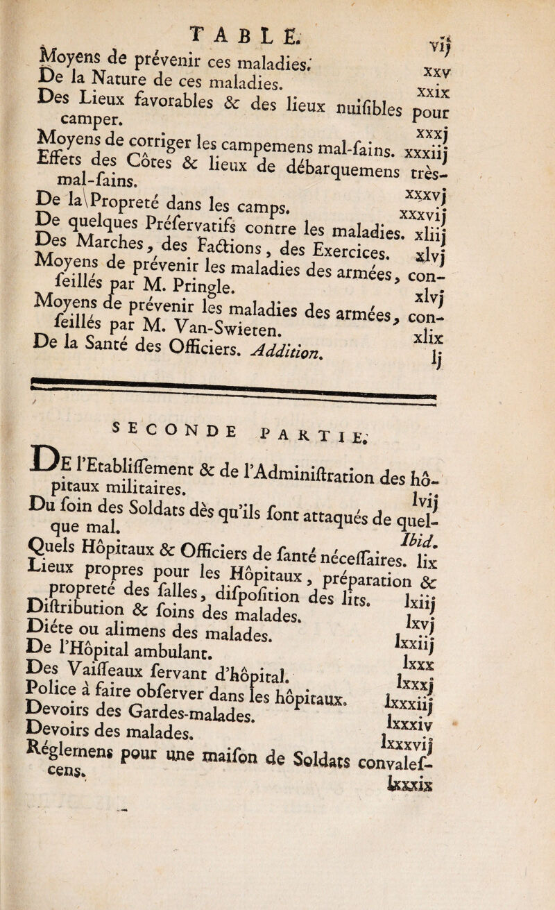 Moyens de prévenir ces maladies.' xvv De la Nature de ces maladies. ^ ■ ^campe? ^ «“ifibles pour ^yens de corriger les campemens mal-fains xxxüî Ztn?' ^ débarquemensTS De la\Propreré dans les camps. xS* îæ 7’ sritrât' '1 “““ ïeiiies par M. Van-Swieten. De la Santé des Officiers. Mdâion. u SECONDE EARTIE’ ^f.à« SSS' ^ U- ^quemti Quels Hôpiraux & Officiers de fanré nécelTaires^lit' Lieux propres pour les Hôpitaux, prfpaSn t propreté des falles, difpolîtion de^s Ss îxS Diaribution & foins des malades. . ^ des malades. Ue l Hôpital ambulant. Des Vaiffeaux fervant d’hôpital. Police a faire obferver dans les hôpitaux. Oevoirs des Gardes-malades. Devoirs des malades. , Réÿeme„ ^ J , lxv| Ixxiij Ixxx Ixxxj ixxxiij Ixxxiv Ixxxvif