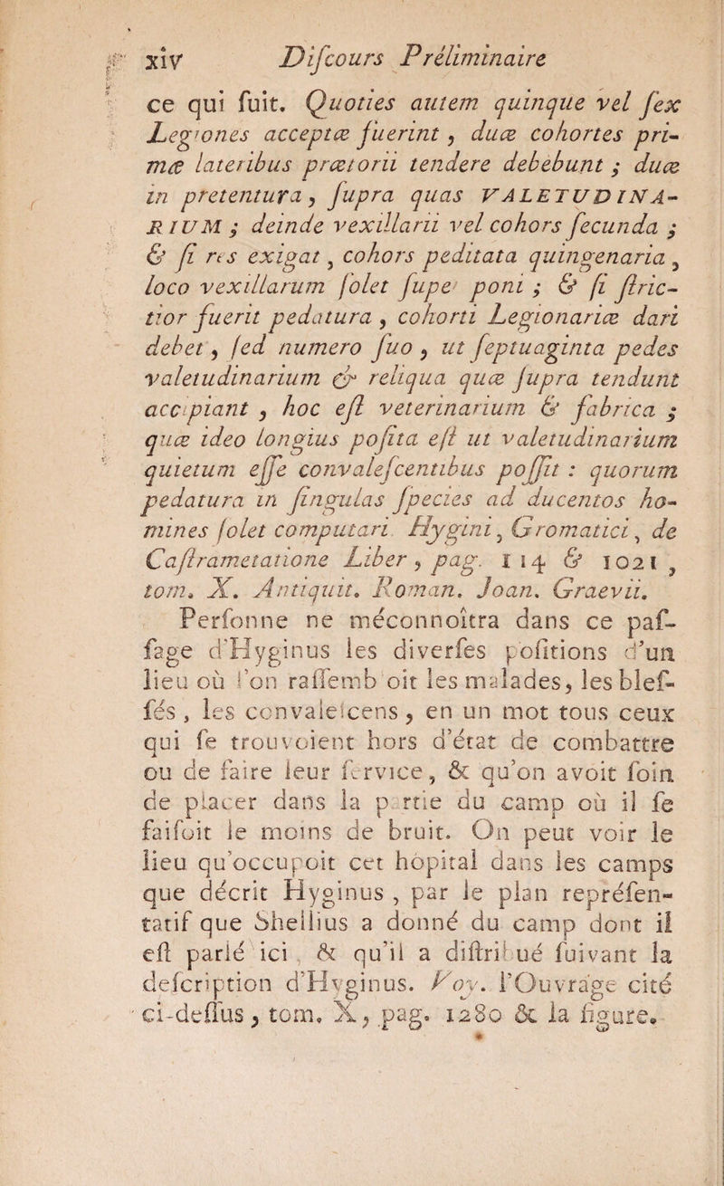 ce qui fuit, Quoties autem quinque vel fex Legwnes acceptæ fuerint, duce cohortes pri-- mce lateribus prætorii tendere debebunt ; duce in pretentura y fupra quas VALETUDINâ- \ MIUM ; deinde vexdlani vel cohors fecunda ; & f n s exigat, cohors peditata quingenaria , loco vexillarum folet fupe poni ; & fi fric- tior fuent pedatura ^ cohorti Legionance dari debet ^ fed numéro juo ^ ut feptuaginta pedes valetudinarium clr reliqua quæ jupra tendunt accipiant y hoc eft veterinarium & fabrica ^ • quæ ideo longius pofita efi ut valetudinarium quietum ejfe convalefcentibus poffit : quorum pedatura in Jingulas Jpecies ad ducentos ho-' mines folet computari Hygini^ Gromatici ^ de Caflrametatione Liber y pag. ii^ & 1021 ^ torn. X, Antiquité Roman, Joan, Graevii, Pcrfonne ne méconnoitra dans ce paf- fage d'FJygînus les diverfes pofitions d’ua lieu où l’on raffenib oit les malades^ les bief» fés , les convalefcens 5 en un mot tous ceux qui fe trou voient hors d’état de combattre ou de faire leur fervice, & qu’on avoir foin de placer dans la p*.rtie du camp où il fe faifüit le moins de bruit. On peut voir le lieu qu’occupoit cet hôpital dans les camps que décrit Hyginus , par le plan repréfen- tatif que Shellïus a donné du camp dont ii efî parié ici ^ qu’ii a diftribué fuivant la delcription d’Hvginus. Roy, l’Ouvrage cité ' ci-deflus y tom, pag, 1280 & la figure^