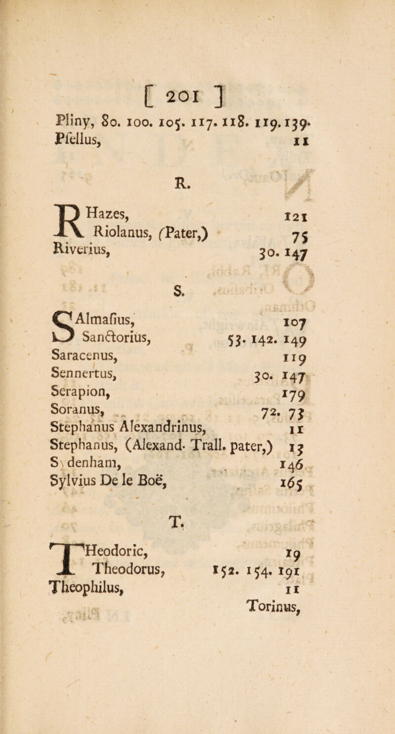 IT [ 201 ] Pliny, So. 100. 105. 117.118. 119.139. Pfellus, 11 R. R Hazes, Riolanus, fPater,) Riverius, S. SAlmafius, Sanftorius, Saracenus, Sennertus, Serapion, Soranus, Stepliarius Alexandrlnus, 121 7S 30.147 107 53.142.149 119 30. 147V - *79 -72. 7? II Stephanas, (Alexand-Trail, pater,') 13 S)denham, 146 Sylvius De le Boe, T. ^ “ 'Heodoric, Theodorus, Theophilus, *9 152. 154,191 11 Torinus,