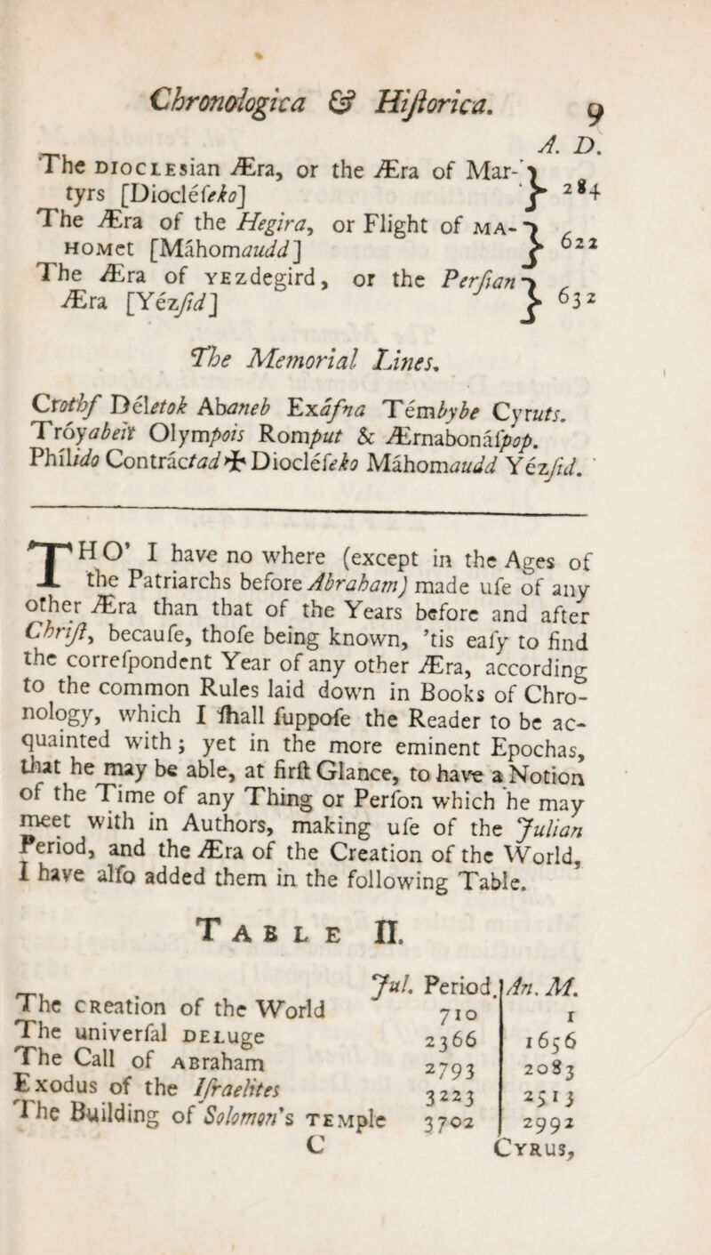 A. D. The DioctEsian ./Era, or the ./Era of Mar-') tyrs [Dioclefrf/?] y 2*+ The /Era of the Hegira, or Flight of mao HOMet [Mahomtfz^] ^ °22 The iTra of YEzdegird, or the Perfian*> „ iTra [Yezjid] 63* Lhe Memorial Lines. Crotbf T}£\etok Abaneb Exafna Tembybe Cyruts. Troyabeit Olympois Romput & JEnabontfpop. Philip Contrac/adDioclefiT? Mahomaudd Yezftd. ' TH O’ I have no where (except in the Ages of the Patriarchs before Abraham) made ufe of any other TLra than that of the Years before and after thrifty becaufe, thofe being known, ’tis ealy to find the correfpondent Year of any other JEra, accordin^- to the common Rules laid down in Books of Chro- nology, which I fhall fuppofe the Reader to be ac¬ quainted with j yet in the more eminent Epochas, that he may be able, at firft Glance, to have a Notion of the Time of any Thing or Perfon which he may meet with in Authors, making ufe of the Julian Period, and the -/Era of the Creation of the World, I have alfo added them in the following Table. T A B L n. The CReation of the World The univerfal DELuge The Call of ABraham Exodus of the Ifraehtes i he Building of Solomon's teMplc C Jut. Period. 710 2366 2 79 3 3223 3702 An, M. r 1656 2083 2513 2992 Cyrus,