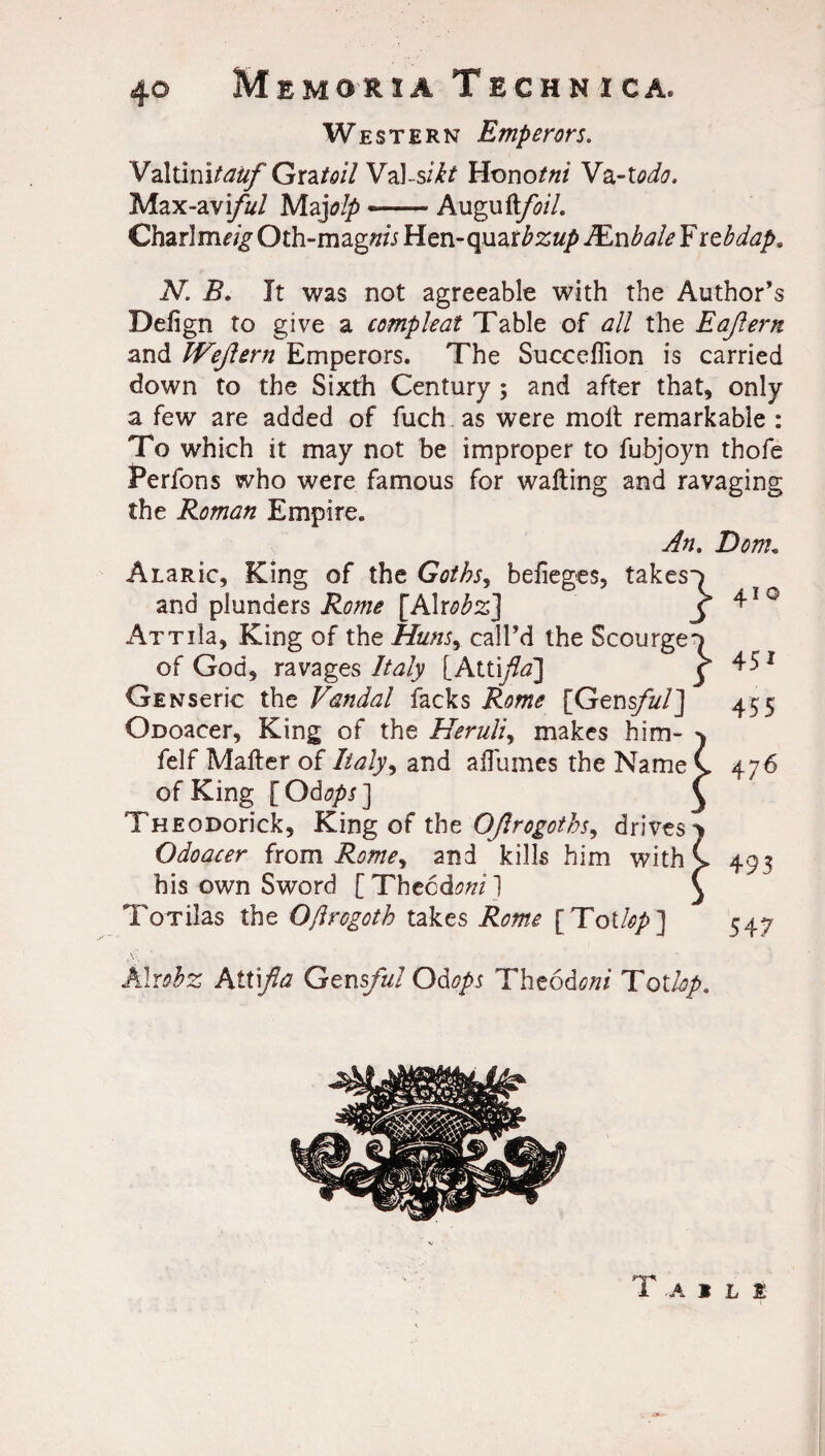 Western Emperors. Valtinitatif Grata// Val-sikt Honotni Vz-todo. Max-avi/W Maj\olp -Auguft/w/. Chari Oth-mag/z/j Hen-quar^za/ JEnbale F xtbdap. N. B. It was not agreeable with the Author’s Defign to give a compleat Table of all the Eaftern and Wejlern Emperors. The Succeflion is carried down to the Sixth Century ; and after that, only a few are added of fuch as were moll remarkable : To which it may not be improper to fubjoyn thofe Perfons who were famous for walling and ravaging the Roman Empire. An. Bom. ALanic, King of the Goths, befieges, takes and plunders Rome [A1 robz] ATTila, King of the Huns^ call’d the Scourge of God, ravages Italy [Attifla'] GENseric the Vandal facks Rome [Gens/#/] ODoacer, King of the Heruli, makes him- felf Mailer of Italy 9 and a flumes the Name of King [ Odops ] THEODorick, King of the OJlrogoths, drives Odoacer from Rome, and kills him with his own Sword [Thecdoni] ToTilas the Oftrogoth takes Rome [TotUp] Alrobz A tt\Jla Gens/ul Od ops Theod oni Tot lop. 1 A I L £