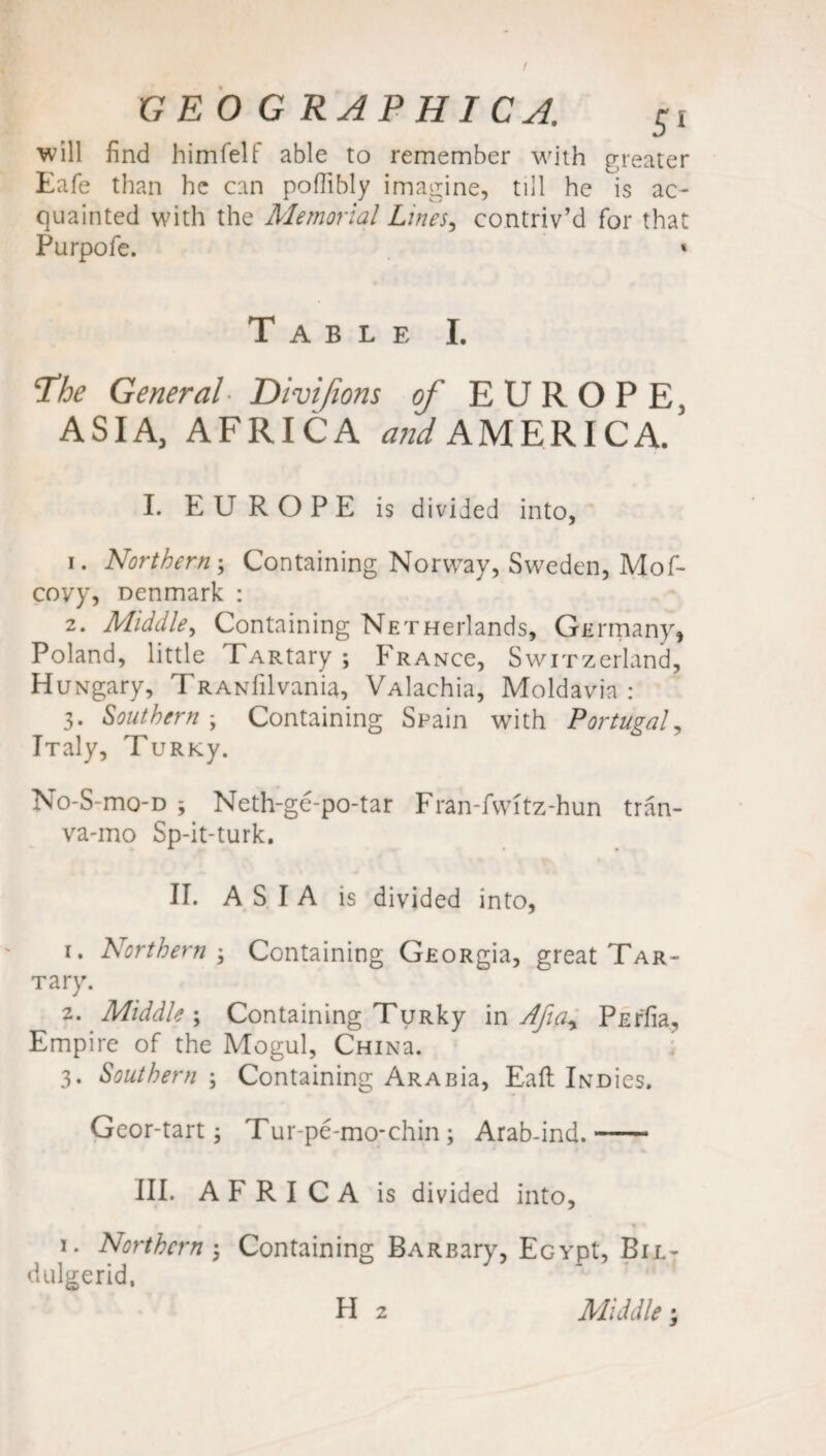 will find himfelf able to remember with greater Eafe than he can poflibly imagine, till he is ac¬ quainted with the Memorial Lines, contriv’d for that Purpofe. * Table I. The General Divifions of EUROPE, ASIA, AFRICA and AMERICA. I. EUROPE is divided into, 1. Northern ; Containing Norway, Sweden, Mof- covy, Denmark : 2. Middle, Containing NETHerlands, GErmany, Poland, little TARtary ; Francc, SwiTzerland, HuNgary, TRANlilvania, VAlachia, Moldavia: 3. Southern - Containing Spain with Portugal, iTaly, TuRKy. No-S-mo-D j Neth-ge-po-tar Fran-fwitz-hun tran- va-mo Sp-it-turk. II. ASIA is divided into, r. Northern Containing GEORgia, great Tar- Tary. 2. Middle ; Containing TuRky in Ajia^ PEffia, Empire of the Mogul, CHiNa. 3. Southern ; Containing ARABia, Eaft iNDies. Geor-tart j Tur-pexno-chin; Arab-ind.- III. AFRICA is divided into, 1. Northern \ Containing BARBary, EGYpt, Bil- dulgerid, H 2 Middle;