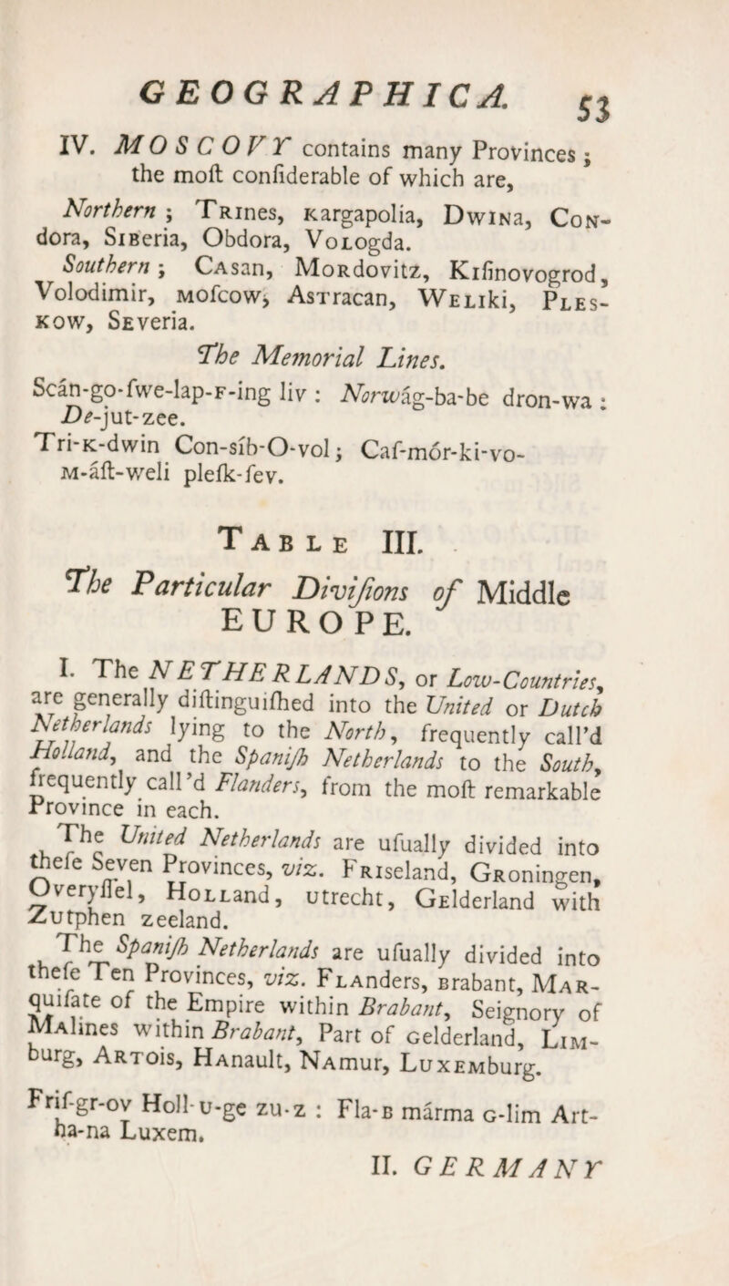 IV. MO S C O V T contains many Provinces; the moft confiderable of which are, Northern ; Tmnes, Kargapolia, DwiNa, Con- dora, SiBeria, Obdora, VoLogda. Southern * CAsan, MoRdovitz, Kifinovogrod, Volodimir, Mofcow* AsTracan, WELiki, Ples- kow, SEveria. The Memorial Lines. Scan-go-fwe-lap-F-ing liv : Norwag-ba-be dron-wa * De-jut-zee. Tri-K-dwin Con-sib-O-vol; Caf-mor-ki-vo- M-aft-weli plefk-fev. Table III. . The Particular Divifions of Middle EUROPE. I. The NETHERLANDS, or Loiv-Countries, arc generally diftinguifhed into the United or Dutch Netherlands lying to the North, frequently call’d Holland, and the Spanijh Netherlands to the South frequently call’d Flanders, from the moft remarkable Province in each. The United Netherlands are ufually divided into theie Seven Provinces, viz. Fiuseland, GRoningen, Overyflel, HoLLand, Utrecht, GElderland with Zutphen zeeland. The Spanijh Netherlands are ufually divided into theie Ten Provinces, viz. Flinders, Brabant, Mar- quifate of the Empire within Brabant, Seignorv of JviAlines within Brabant, Part of celderland, L,m- burg, ARTois, HAnault, NAmur, LuxEMburg. Frif-gr-ov Holl u-ge zuz : Fla-B marina o-lim Art- ha-na Luxem. II. GERMANY