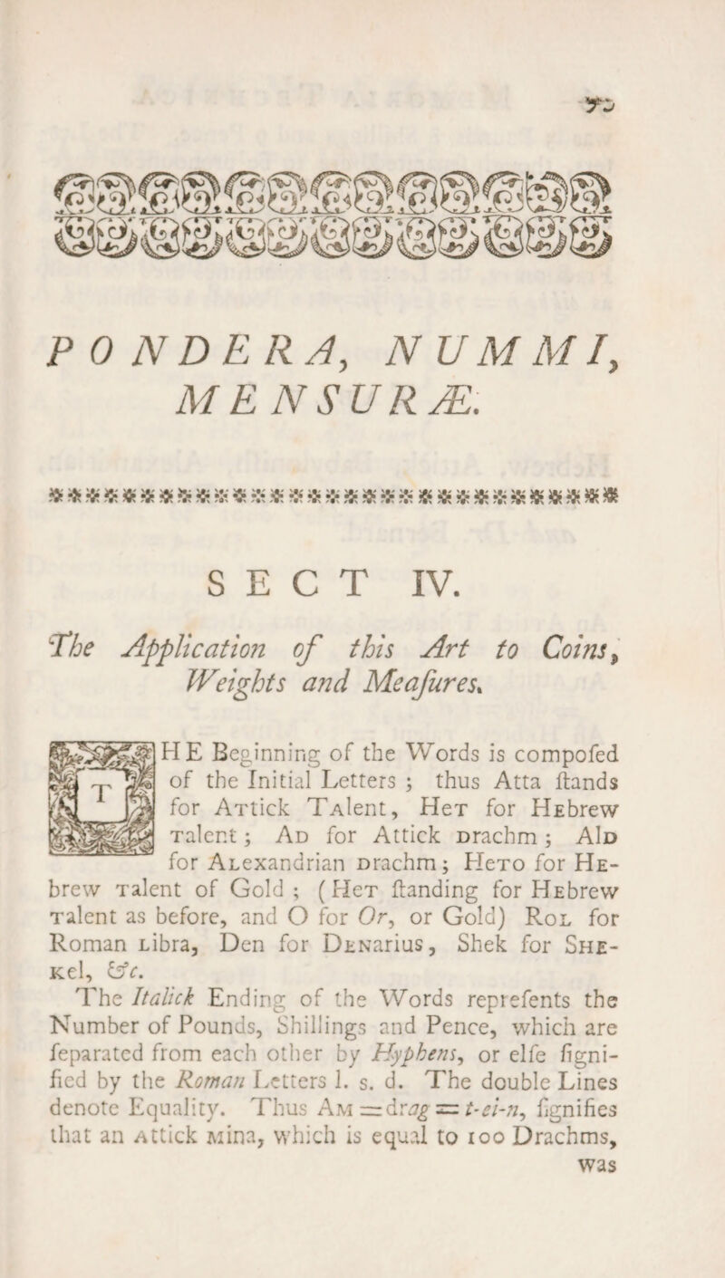 MEN SURJE. « * * * a $ & $ $ *s $ $ $ * $ $ $ $ $ $ SECT IV. The Application of this Art to Coins, Weights and Meafures. HE Beginning of the Words is compofed of the Initial Letters ; thus Atta (lands for Artick TAlent, HeT for HEbrew Talent; Ad for Attick Drachm; AId for Alexandrian Drachm; HeTO for HE¬ brew Talent of Gold ; ( Hct (landing for HEbrew Talent as before, and O for Or, or Gold) Ron for Roman Libra, Den for DtNarius, Shek for She- Kel, &c. The Italic k Ending of the Words reprefents the Number of Pounds, Shillings and Pence, which are feparatcd from each other by Hyphens, or elfe figni- fied by the Roman Letters 1. s. d. The double Lines denote Equality. Thus AM=d rag-=. t-ci-n, fgnifies that an Attick Mina, which is equal to ioo Drachms,