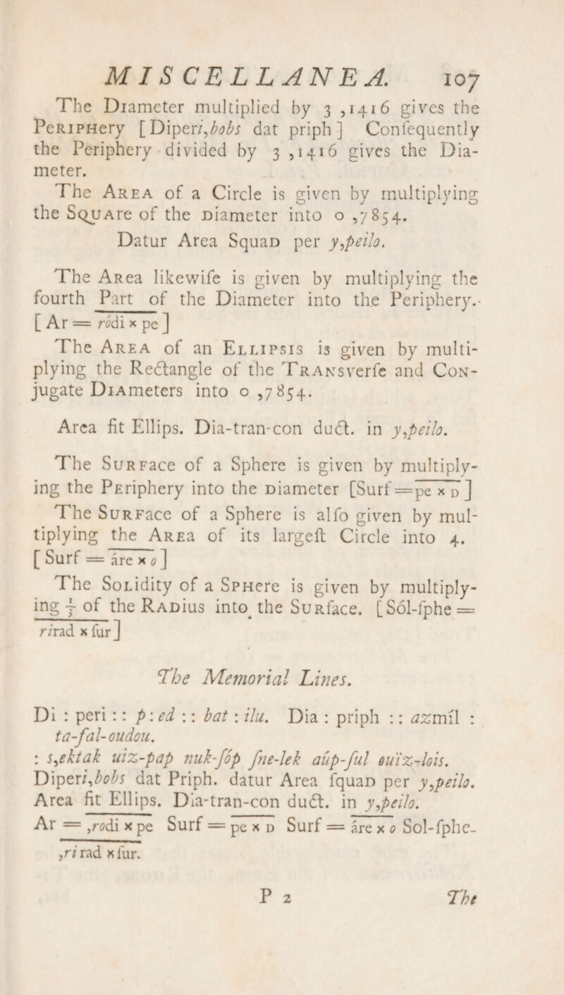 The Diameter multiplied by 3 ,1416 gives the PeRiPHery [Diperi,bobs dat priph ] Confequently the Periphery divided by 3 ,1416 gives the Dia¬ meter. The Area of a Circle is given by multiplying the SquAre of the Diameter into o ,7854. Datur Area Squao per y^peilo. The ARea likewife is given by multiplying the fourth Part of the Diameter into th.e Periphery.- [ Ar = rali x pe ] The Area of an Ellipsis is given by multi¬ plying the Redangle of the Transverfe and Con¬ jugate DiAmeters into 0,7854. Area fit Ellips. Dia-tran-con dud. in y,pei!o. The SuRFace of a Sphere is given by multiply¬ ing the PEriphery into the Diameter [Surf=pe x’D ] The SuRFace of a Sphere is alfo given by mul- tiplying the AREa of its largeft Circle into 4. [ Surf = are * 0 ] The Solidity of a SPHere is given by multiply- ing j of the RADius into the SuRface. [Sol-fphe = rirad x fur ] The Memorial Lines. Di : peri :: p: ed :: bat: ilu. Dia : priph :: azm\\ : ta-fal-oudou. : s^ekiak uiz-pap nuk-fop fne-lek aup-ful euiz^lois. Diperi,bobs dat Priph. datur Area fquaD per y^peilo. Area fit Ellips. Dia-tran-con dud. in y,pcilo. Ar = ,mli x pe Surf = pe x d Surf = ar ex 0 Sol-fphe- ,r/rad xlur.