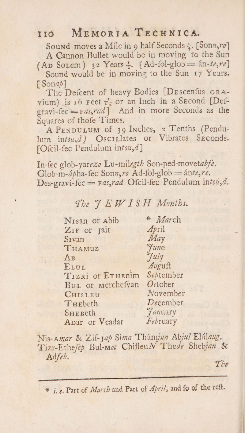 SouNd moves a Mile in 9 half Seconds [Sonn,ro] A Cannon Bullet would be in moving to the Sun (Ad Soiem) 3 2 Years 4. [ Ad-fol-glob = an -te,re] Sound would be in moving to the Sun 17 Years. [Sonap] The Defcent of heavy Bodies [DEscenfus gra- vium) is 16 Feet tV or an Inch in a SEcond [Def- gravi-fec =Fas,rad] And in more Seconds as the Squares of thofe Times. A Pendulum of 39 iNches, 2 Tenths (Pendu¬ lum intouyd) OsciLlates or Vibrates Sficonds. [Ofcil-fec Pendulum intou>d] Jn-fec glob-yarezo Lu-milegth Son-ped-mavetabfe. Glob-m-^/>ha-fec Sonn,ro Ad-fol-glob = ax\te,re, Des-gravi-fec = Fas,rad Ofcil-fec Pendulum intou>d* <?be JEWISH Months. * March ApxW May June July Augxxft. 5^tember October November .December January February Nisan or Abib Zif or jair Si van Thamuz Ab Elul TizRi or ETHEnim Bul or Merchefvan Chisleu THEbeth She Beth Anar or Veadar Nis-Amar & Zif-jap Sima Thamjun Abjul Elu\aug. Tizr-Ethefep Bu1-m^ ChifleuiV Thede Shefcjan & Adfeb. The * l e. Part of March and Part of April, and fo of the reft.