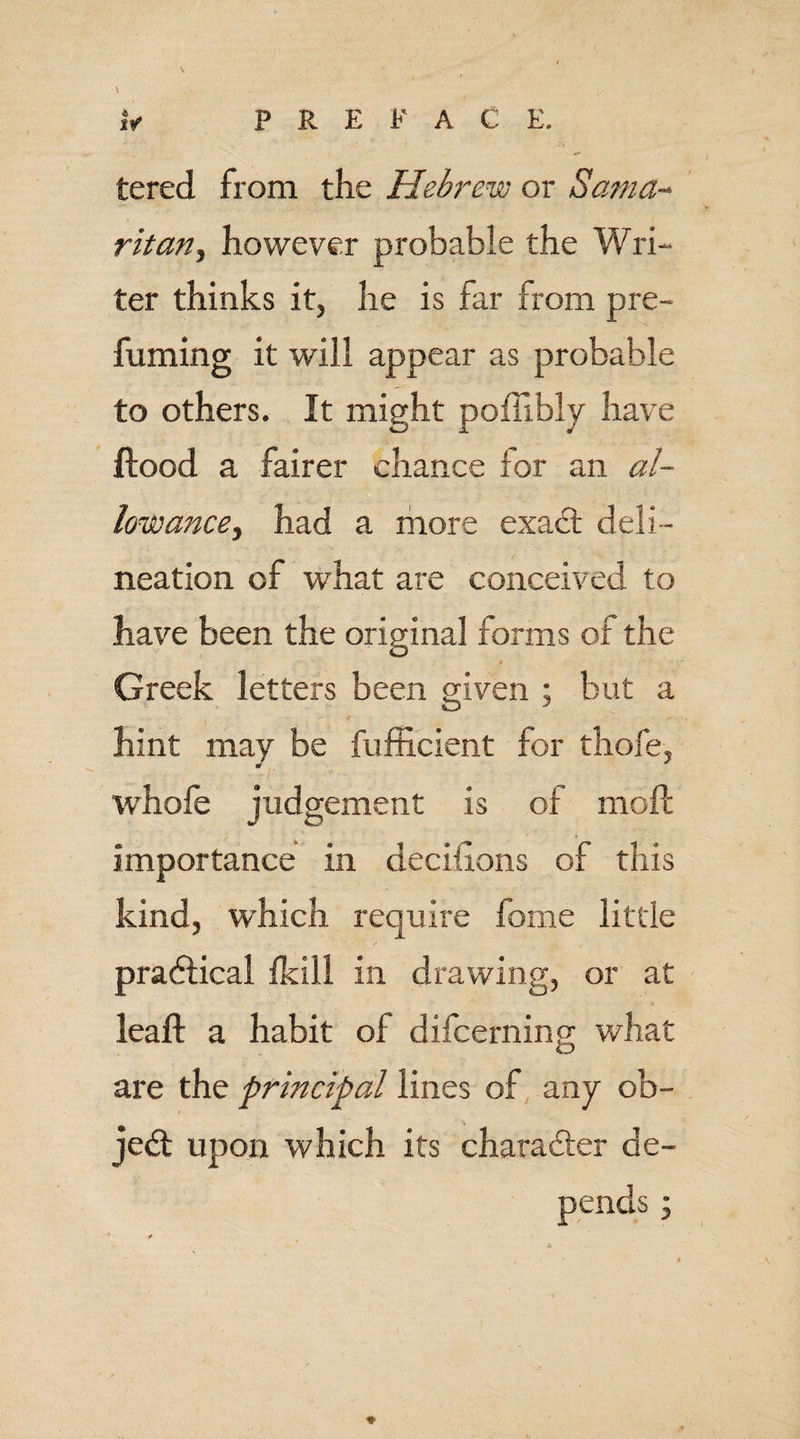 tered from the Hebrew or Sama¬ ritan, however probable the Wri¬ ter thinks it, he is far from pre¬ fuming it will appear as probable to others. It might pofiibly have flood a fairer chance for an al¬ lowance, had a more exact deli¬ neation of what are conceived to have been the original forms of the Greek letters been given ; but a hint may be fufficient for thofe, 0 * whole judgement is of mod importance in decibons of this kind, which require fome little practical fkill in drawing, or at lead a habit oi difcerning what are the principal lines of any ob¬ ject upon which its character de-