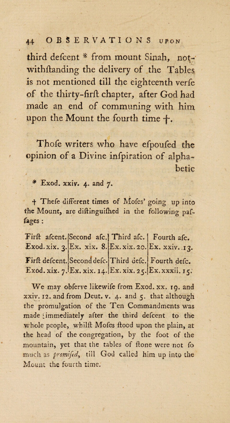 third defcent * from mount Sinah, not- withffcanding the delivery of the Tables is not mentioned till the eighteenth verfe of the thirty-firft chapter, after God had made an end of communing with him upon the Mount the fourth time Thole writers who have efpoufed the opinion of a Divine infpiration of alpha¬ betic * Exod. xxiv. 4. and 7. f Thefe different times of j\fofes* going up into the Mount, are diftinguifhed in the following pafo fages : Tirft afcent. Second afc. Third afc. Exod.xix. 3. Ex. xix. 8. Ex. xix. 20. Firfl defcent. Second defc. Third defc. Exod. xix. 7. Ex. xix. 14. Ex. xix. 25. Fourth afc. Ex. xxiv. .13. Fourth defc. Ex.xxxii. 15; We may obferve likewife from Exod. xx. 19. and xxiv. 12. and from Deut. v. 4. and 5. that although the promulgation of the Ten Commandments was made ‘ immediately after the third defcent to the whole people, whilll Mofes flood upon the plain, at the head of the congregation, by the foot of the mountain, yet that the tables of Hone were not fo much as promt fed, till God called him up into the Mount the fourth time.