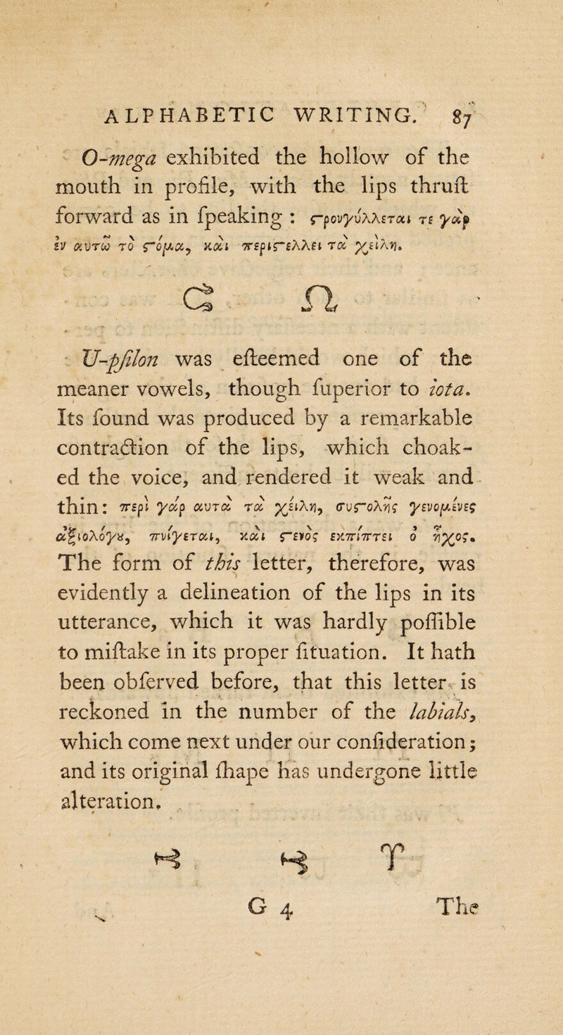 O-mega exhibited the hollow of the mouth in profile, with the lips thru ft forward as in fpeaking : rpovyvxxerou re hf ecutoo ro xoci orepireXXei ra, yjiXri, ct U-pJilon was efteemed one of the meaner vowels, though fuperior to iota. Its found was produced by a remarkable contraction of the lips, which choak- ed the voice, and rendered it weak and thin: flrspt yap avroo roc, yjihr], trufoAiV yevop/Aveg ccfyoXoyx, Trviyerca^ xcci s~evo; ex.7ri7rrei o v\yo;% The form of this letter, therefore, was evidently a delineation of the lips in its utterance, which it was hardly poffible to miflake in its proper fituation. It hath been ohferved before, that this letter is reckoned in the number of the labials, which come next under our confideration; and its original fhape has undergone little alteration, * ’ T