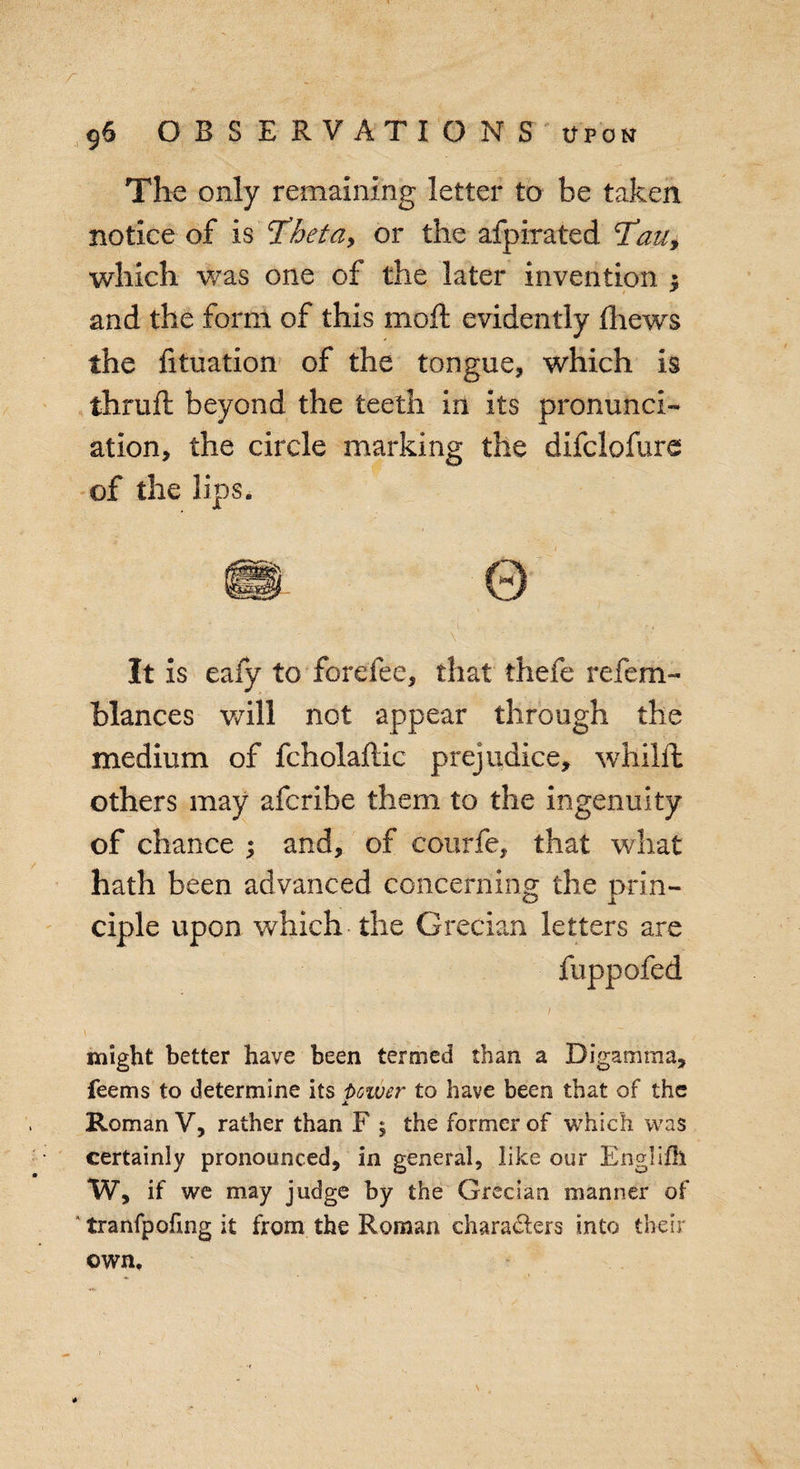 The only remaining letter to be taken notice of is cThetay or the afpirated Tau, which was one of the later invention $ and the form of this moft evidently thews the fituation of the tongue, which is thruft beyond the teeth in its pronunci¬ ation, the circle marking the difclofure of the lips. It is eafy to forefee, that thefe re fern- blances will not appear through the medium of fcholaftic prejudice, whilft others may afcribe them to the ingenuity of chance ; and, of courfe, that what hath been advanced concerning the prin¬ ciple upon which the Grecian letters are fuppofed might better have been termed than a Digamma, feems to determine its bower to have been that of the Roman V, rather than F ; the former of which was certainly pronounced, in general, like our Engiifh w, if we may judge by the Grecian manner of ' tranfpofing it from the Roman dmra&amp;ers into their own.