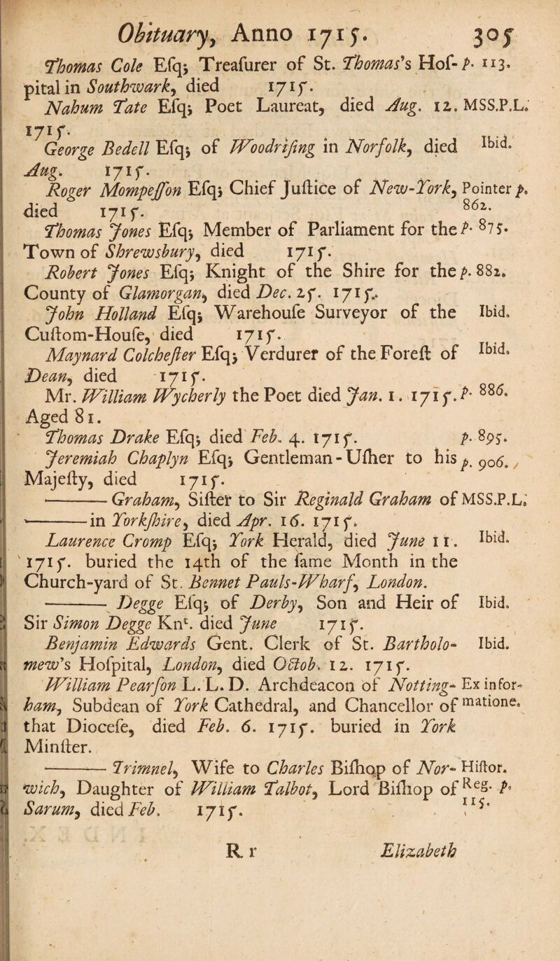 Thomas Cole Efq; Treafurer of St. Thomas*s Hof-A 113* pital in Southwark^ died 17if. Nahum Tate Efq; Poet Laureat, died Aug. tz. MSS.P.L, l7If- George Bedell Efq; of Woodrifing in Norfolk, died Iblcb 1717. Roger Mompejfon Efq; Chief Juftice of New-Tork, Pointer p> died 1717. 8<52 Thomas Jones Efq; Member of Parliament for the P- 87j. Town of Shrewsbury, died 1717* Robert Jones Efq; Knight of the Shire for the />. 882* County of Glamorgan, died Dec. if. 1717.. Holland Efq; Warehoufe Surveyor of the Ibid, Cuftom-Houfe, died 1717. Maynard Cole heft er Efq; Verdurer of theForeft of IbicJi Dean, died 1717. Mr. William Wycherly the Poet died Jan. 1. 17x7. A Aged 81. Thomas Drake Efq; died Feb, 4. I7if. p- Jeremiah Chaplyn Efq; Gentleman - Uftier to his^o p069 Majefty, died 17if. *-- Graham5 Sifter to Sir Reginald Graham of MSS.P.L; \ —-in Torkjhire, died Apr. 16. 1717, Laurence Cromp Efq; Tork Herald, died June 11. Ibid. E 1717* buried the 14th of the fame Month in the Church-yard of St. Bennet Pauls-Wharf, London. -• TJegge Efq; of Derby, Son and Heir of Ibid, :i Sir Simon Degge KnE died June 1717. Benjamin Edwards Gent. Clerk of St. Bartholo* Ibid. ft mew's Hofpital, London, died O&ofa 12. I7if. William Pearfon L. L.D. Archdeacon of Notting- Ex in for- $j ham, Subdean of Tork Cathedral, and Chancellor of matione* :i that Diocefe, died Feb. 6. 1717. buried in Tork dj Minfter. --Irimnef Wife to Charles Bifliop of Nor- Hiftor. B! wich, Daughter of William Talbot, Lord Bifliop of P I Sarum, died Feb. 17if. 11 ^ R r Elizabeth