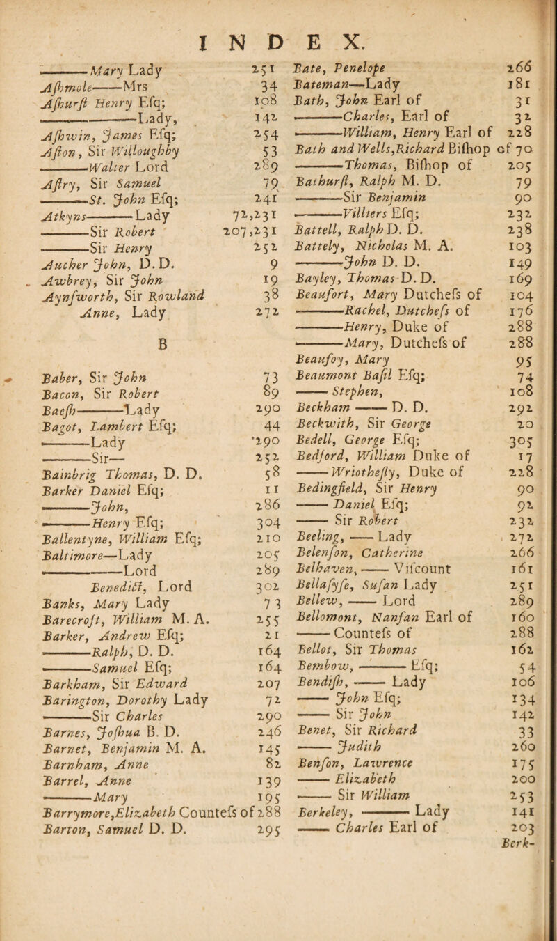 --Mary Lady Afomole-Mrs jifhurft Henry Efq; — --—Lady, Ajhwin, James Efq; Afion, Sir Willoughby -Walter Lord Ajlry, Sir Samuel - —<St. John Efq; Atkyns-Lady ————Sir Robert -Sir Henry Aucher John, D.D. „ Awbrey, Sir John Aynfworth, Sir Rowland Anne, Lady MT 34 io8 141 254 53 _ o 241 71,231 207,231 252 9 19 38 272 B Baber, Sir John 73 Bacon, Sir Robert 89 -Lady 2*90 Bagot, Lambert Efq; 44 --Lady ‘29° -Sir— M2 Bainbrig Thomas, D. D, 58 Barker Daniel Eiq; 11 .—John, 2 06 - - Henry Efq; 3°4 Ballentyne, William Efq; 210 Baltimore—Lady 205 .—-Lord 289 Benedibf, Lord 302, Banks, Alary Lady 7 3 Barecrojt, William M. A. 255 Barker, Andrew Efq; 21 -Ralph, D. D. 164 ■■ Samuel Efq; 164 Barkham, Sir Edward 207 Barington, Dorothy Lady 72 -Sir Charles 290 Barnes, JoJhua B. D. 246 Barnet, Benjamin M. A. 145 Barnham, Anne 82 Barrel, Anne 139 — .Mary 195 Barrymore,Elizabeth Countefs of 288 Barton, Samuel D. D. 295 Bate, Penelope 2 66 Bateman—Lady 181 Bath, John Earl of 3i --Charles, Earl of 31 ■ - William, Henry Earl of 228 Bath and Wells,Richard RifinOT) cf 70 -Thomas, Bifhop of 205 Bathurft, Ralph M. D. 79 -Sir Benjamin 90 --Villters Efq; 232 Battell, Ralph D. D. 238 Battely, Nicholas M. A. 103 -John D. D. 149 Bayley, Thomas D.D. 169 Beaufort, Mary Dutchefs of 104 --Rachel, Dutchefs of 17 6 -Henry, Duke of 288 —-Mary, Dutchefs of 288 Beaufoy, Mary 95 Beaumont Bajil Efq; 74 • — Stephen, 108 Beckham-D. D. 292 Beckwith, Sir George 20 Bedell, George Efq; 3°5 Bedford, William Duke of 17 -Wriothejly, Duke of 228 Bedingfield, Sir Henry 90 --Daniel Efq; 92 - Sir Robert 232 Beelwg, -Lady 272 Belenfon, Catherine 2 66 Belhaven,-Vifcount 161 Bellafyfe, Sufan Lady 251 Bellew,-Lord 289 Bellomont, Nanfan Earl of 160 -Countefs of 288 Bellot, Sir Thomas 162 Bembow, -Efq; 54 Bendifo,-Lady 106 -- John Efq; 134 - Sir John 142 Benet, Sir Richard 33 - Judith 260 Benfon, Lawrence 175 -Elizabeth 200 -- Sir William M3 Berkeley, -Lady 141 -Charles Earl of 203 Berk-