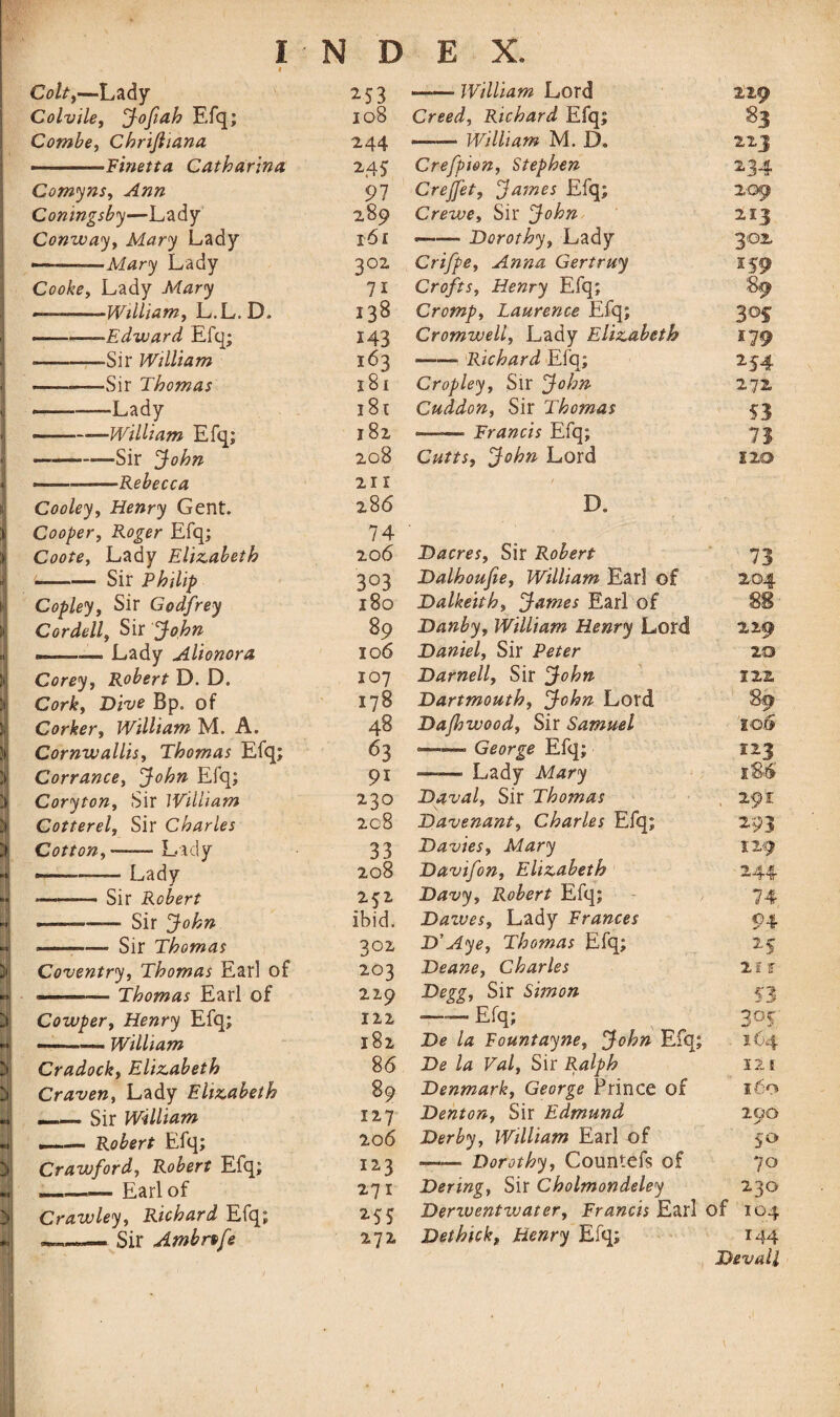 I 1 i * I H i> 1 K !i > !» »! > > A ►* - 3*; o :> • 4 > J > •i 3j I N D E X. C^,—Lady 2-53 — William Lord 229 108 Creed, Richard Efq; $3 Combe, Chrijliana 244 —— William M. D. 22J ... -Finetta Catharina 2-45 Crefpion, Stephen 234 Comyns, Ann 97 Crejjet, James Efq; 209 Coningsby—Lady 289 Crewe, Sir John 213 Conway, Mary Lady 161 —— Dorothy, Lady 302, ——»—Mary Lady 302 Crifpe, Anna Gertruy 159 Cooke, Lady Mary 71 Crofts, Henry Efq; 89 -William, L.L.D. 138 Cromp, Laurence Efq; 3°S ———-Edward Efq; 143 Cromwell, Lady Elizabeth *79 -Sir William 163 •—— Richard Efq; 2S4 -—Sir Thomas 181 Crop ley, Sir John 272 ———Lady 181 Cuddon, Sir Thomas 53 —-William Efq; 182 -Francis Efq; 73 —-—Sir John 208 Cutts, John Lord 120 —-Rebecca 211 Cooley, Henry Gent. 286 D. Cooper, Roger Efq; 74 Coote, Lady Elizabeth 206 Dacres, Sir Robert 73 —.— Sir Philip 303 Dalhoufie, William Earl of 204 Copley, Sir Godfrey 180 Dalkeith, James Earl of 88 Cordell, Sir John 89 Danby, William Henry Lord 229 m. ■ Lady Ahonora 106 Daniel, Sir Peter 20 Corey, Robert D. D. 107 Darnell, Sir John 122. Cork, Dive Bp. of 178 Dartmouth, John Lord 89 Corker, William M. A. 48 Dafhwood, Sir Samuel 106 Cornwallis, Thomas Efq; 63 — George Efq; 123 Corrance, John Efq; 91 —— Lady Mary 186 Coryton, Sir William 230 Daval, Sir Thomas 291 Cotterel, Sir Charles 208 Davenant, Charles Efq; Cotton,—— Lady 33 Davies, Mary 129 — Lady 208 Davifon, Elizabeth 244 >-Sir Robert 252 Davy, Robert Efq; 74 —-— Sir John ibid. Daives, Lady Frances 94 ■ —• Sir Thomas 302 D' Aye, Thomas Efq; 25 Coventry, Thomas Earl of 203 Deane, Charles 21 S’ ■ — Thomas Earl of 229 Degg, Sir Simon 53 Cowper, Henry Efq; 122 — Efq; 3°5 -. William 182 Be la Fountayne, John Efq; 164 Cradock, Elizabeth 86 De la Val, Sir Ralph 12 1 Craven, Lady Elizabeth 89 Denmark, George Prince of l'6o ——» Sir William 127 Denton, Sir Edmund 200 A — Robert Efq; 206 Derby, William Earl of 50 Crawford, Robert Efq; 123 — Dorothy, Countefs of 70 .——Earl of 271 Bering, Sir Cholmondeley 23° Crawley, Richard Efq; 255 Derzventwater, Francis Earl of 104 _Sir Atnbnfe 272 Dethick, Henry Eiq; 144 Devall