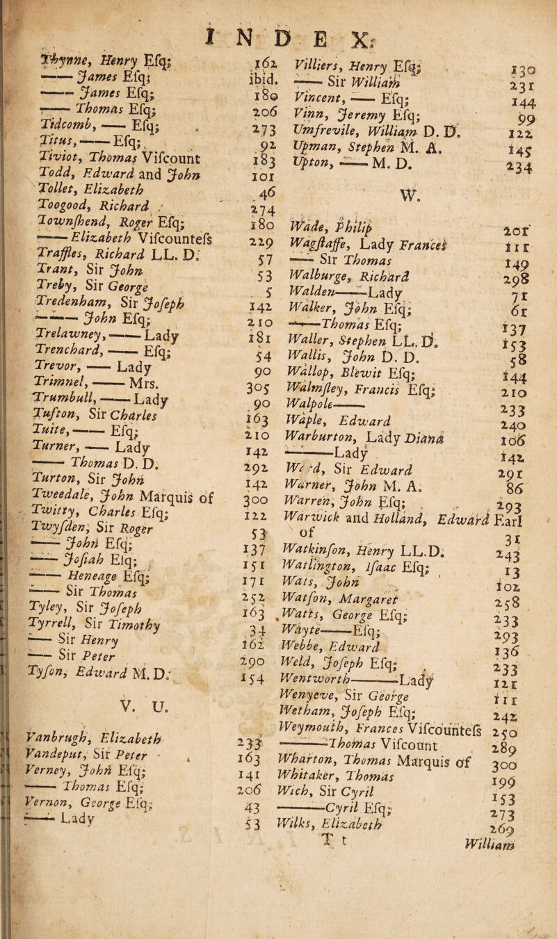 Thyme, Henry Efq; —— James Efq; --James Efq; T— Thomas Efq; Tidcomb,-Efq; Titus,-Efq; Tiviot, Thomas Vlfcount Todd, Edward and John Toilety Elizabeth Toogood, Richard : Townfhendy Roger Efq; --Elizabeth Vifcountefs Traffics, Richard LL. D, Tranty Sir John Trebjy Sir George Tredenham, Sir Jofeph “-John Efq; Trelawney,-Lady Trenc hard,-Efq; Trevor,-Lady Trimnely-Mrs. Trumbull, --Lady Tuft on, Six Charles Tuitey-Efq; Turnery --Lady -Thomas D. D„ Turton, Sir John Tiveedale, John Marquis of Twitty, Charles Efq; Twyfden, Sir Roger •-- John Efq; -Jofiah Elq; *—— Heneage Efq; ■-Sir Thomas Tyley, Sir Jofeph Tyrrell, Sir Timothy —— Sir Henry -— Sir Peter Tyfon, Edward M. D; V. U. Vanbrugh, Elizabeth II Vandeput, Sir Peter »' j Verney, John Elq; --- Thomas Efq; Vernon, George Elq; r—- Lady ibid. 18© 206 273 9* 183 IOI 4 6 ?74 180 229 57 53 . 5 142 210 281 54 90 305 ;6j 210 142 292 142 300 122 53 137 15 1 271 252 163 .3* 162 290 154 VillierSy Henry Efq; — Sir Willia'th Vincent, -— Efq; Vinn, Jeremy Efq; Vmfrevile, William D. B, Upman, Stephen M. A. Upton, —— M. D. w. Wade, Philip Wagfiaffe, Lady Frances !—- Sir Thomas Walburge, Richard Walden— -Lady Walker, John Efq; Thomas Efq; Waller, Stephen LL. iS. Wallis, John £>. D. Wallop, Blewit Efq; Walmfey, Francis Efq; Walpole- Waple, Edward Warburton, Lady Diana --Lady Wt/d, Sir Edward Warner, John M. A0 Warren, John Efq; Warwick and Holland, of Watkinfon, Henry LL.D Washington, lfaac Efq; Wats, John Watfon, Margaret , Watts, George Efq; Whyte-Efq; 130 231 144 99 122 145 *34 lor’ ii r 149 298 ?r 6r 137 *53 58 *44 210 *33 240 106 142 291 86 Web be, Edward Weld, Jofeph Efq; Wentworth-—: Wenycve, Sir George Wetham, Jofeph Efq; Weymouth, Frances Vifcountefs 2 33 -Thohias Vifcount 163 Wharton, Thomas Marquis Of 141 Whitaker, Thomas 206 Wich, Sir Cyril 43 -Cyril Efq; 5 3 Wilks, Elizabeth T t 293 Edward Earl *43 43 102 258 *33 *93 136 *33 12 r i r r 242 250 289 300 199 J53 *73 269 William