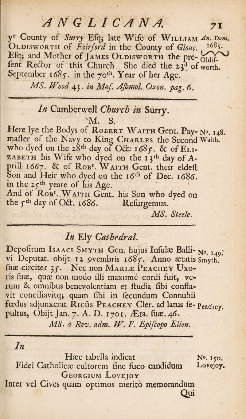 t A N G LI CA N A. 7I ye County of Surry Efq* late Wife of William nom. Oldisworth of Fairford in the County of Glouc. l68$* Efq* and Mother of James Oldisworth the pre- oidiP^ fent Reftor of this Church She died the 23d of worth. September 1687. in the 70th. Year of her Age. MS. FFood 43. in Muf. Ajhmol. Oxon. pag. <5. In Camberwell Church in Surry. VM. S. ' 1 Here lye the Bodys of Robert Waith Gent. Pay- N°a 148. mafter of the Navy to King Charles the Second Waith. who dyed on the 28th day of Oft: 1687. & of Eli¬ zabeth his Wife who dyed on the 13th day of A- prill 1667. & °f RoBt. Waith Gent, their eldeft Son and Heir who dyed on the 16th of Dec. x6859 in the 27th yeare of his Age. And of Rob11. Waith Gent, his Son who dyed on the 7th day of Oft. 1(585. Refurgemus. MS. Steele* In Ely Cathedral. Depofitum Isaaci Smyth Gen. hujus Infute Balli- j^o. I4^; vi Deputat. obijt 12 pvembris 1687. Anno setatis Smyth, fuse circiter 37. Nec non Marine Peachey Uxo- ris fuse, quae non modo illi maxume cordi fuit, ve- rum & omnibus benevolentiam et ftudia fibi confla- vit conciliavitq> quam fibi in fecundum Connubii foedus adjunxerat Ricus Peachey Cler. ad latus fe- Peachey, pultus, Obijt Jan. 7. A. D. 1701. iEta. fuse. 45. MS* d Rev. adm. IV* F. Epifcopo Ellen, In Hsec tabella indicat N°. lyo. Fidei Catholicse cultorem fine fuco candidum Lovejoy. Georgium Lovejoy Inter vel Gives quam optimos merito memorandum Qui