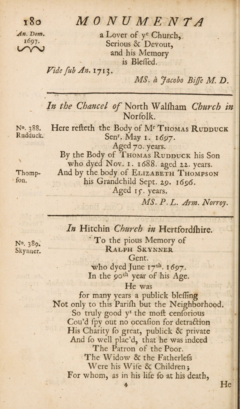 i8o An. Bom. 1697. t/YNJ N°. 388. Rudduck. Thomp- * fon. N°. 389^ Skynner. M 0 N U M E N T A a Lover of ye Church, Serious & Devout, and his Memory is Blefled. Vide fub An, 1713. MS. a Jacobo Bijfe M. D. In the Chancel of North Walfham Church in Norfolk. Here refteth the Body of Mr Thomas Rudduck Senr. May 1. 1697. Aged 70. years. By the Body of Thomas Rudduck his Son who dyed Nov. 1. 1688. aged 11. years. And by the body of Elizabeth Thompson his Grandchild Sept. 29. 1696. Aged iy. years. MS. P.L. Arm. Norroy. In Hitchin Church in Hertfordfhire. * To the pious Memory of Ralph Skynner Gent. who dyed June 17th. 1697. In the 90th year of his Age. He was for many years a publick blefling Not only to this Parifh but the Neighborhood. So truly good yt the mod: cenforious Cou’d fpy out no occafion for detraftion His Charity fo great, publick & private And fo well plac’d, that he was indeed The Patron of the Poor. The Widow & the Fatherlefs Were his Wife 6c Children; For whom, as in his life fo at his death,