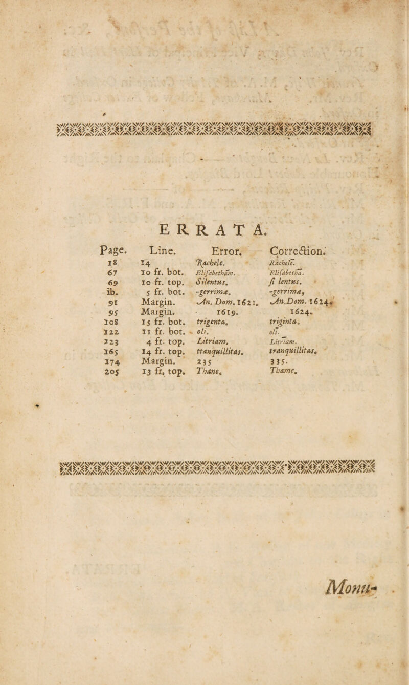 Lx* Ls LS Ls LS L3 '/A Lc\ LS LS Ls LS LS LS L3 Ls LS LS L| LS LS ERRATA, Page. Line. Error. Correction 18 ^4 7\dchele. Rachele. 67 lo fr. bot. Elifabetham. Elifdbctha. 69 io fr. top. Silenttis. ft Lenttis. ib. S fr. bot. -gerrime. -gerrim<e, 91 Margin. ..An, Dom.i6ll. Zin.Dom. 162 95 Margin. 1619. 1624. 2o8 IS fr. bot. trigenta. triginta. 122 ii fr. bot. *, oli. oli. *23 4 fr. top. Litriarn. Litnam. 26S 14 fr. top. ttAnquillitas, tranquillitas. 174 Margin. 235 3 3 5- to$ 13 fr, top. Thane, Thame, ^AnO/A^/A^/^*//'&/&/£^ 7/a4^»aNX//N//WS*/A//«\ Mona-
