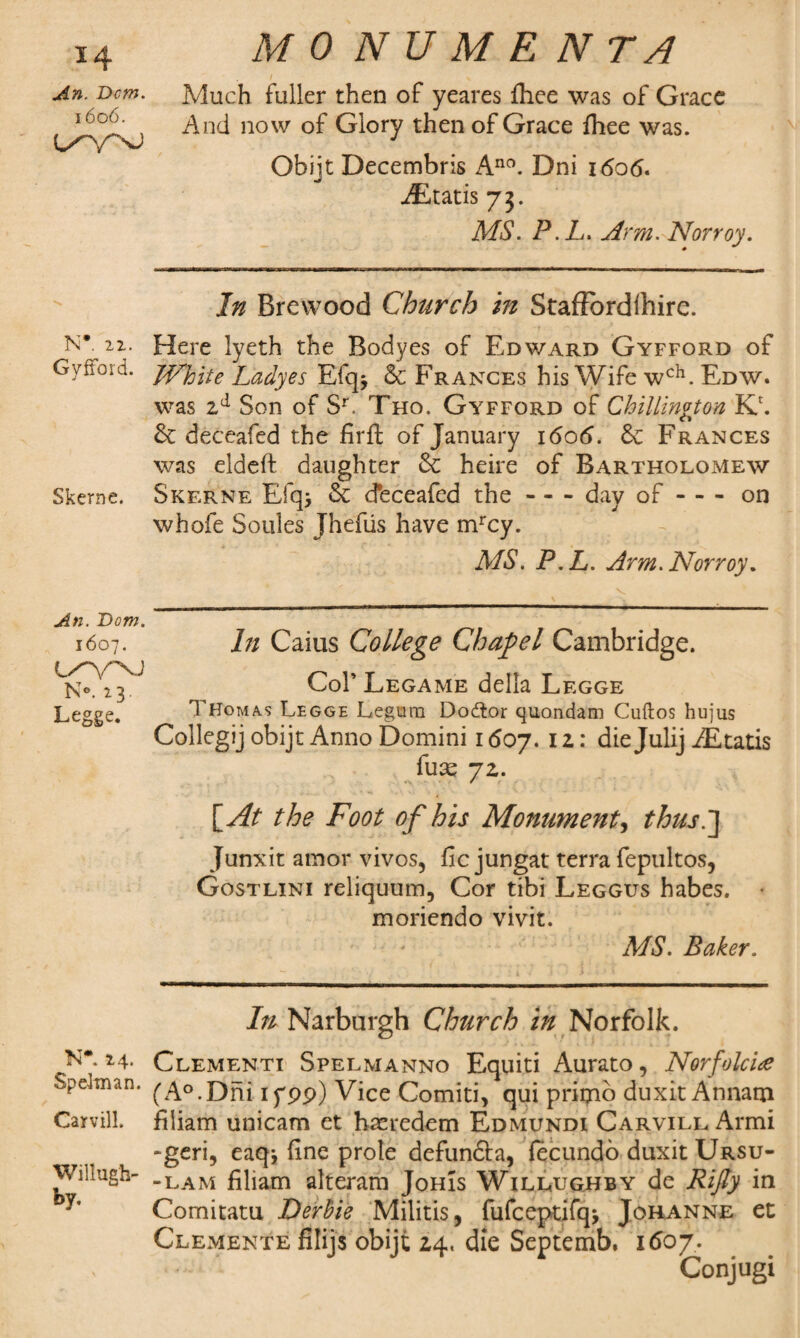 An. Dcm. 1606. N* 21. Gyfford. Skerne. An. Dom. 1607. No. 23 Legge. N* 24. Speffnan. Carvill. Willugh- by. MONUMENTS Much fuller then of yeares fliee was of Grace And now of Glory then of Grace fhee was. Obijt Decembris Ano. Dni 1606. AEtatis 73. MS. P.L. Arm. Norroy. In Brewood Church in StafJbrdlhire. Here lyeth the Bodyes of Edward Gyfford of White Ladyes Efq* & Frances his Wife wch. Edw. was 2d Son of Sr. Tho. Gyfford of Chilling on KA Sc deceafed the firffc of January 1606. Sc Frances was eldeft daughter Sc heire of Bartholomew Skerne Efq> & cfeceafed the-day of-on whofe Soules Jhefiis have mrcy. MS. P.L. Arm. Norroy. In Caius College Chapel Cambridge. Cof Legame della Legge Thomas Legge Legurn Dodlor quondam Cuftos hujus Collegij obijt Anno Domini 1607. 1 2: die Julij iEtatis fuse 72. [At the Foot of his Monument, thus.] Junxit amor vivos, flc jungat terra fepultos, Gostlini reliquum, Cor tibi Leggus habes. • moriendo vivit. MS. Baker. In Narburgh Church Norfolk. Clementi Spelmanno Equiti Aurato, Norfole he (A°.Dhi rfpp) Vice Comiti, qui primb duxit Annatn filiam unicam et haeredem Edmund 1 Carvill Armi -geri, eaqj fine prole defun&a, (ecundo duxit Ursu- -lam filiam alteram Johis Willughby de Rijly in Comitatu Derbie Militis, fufeeptifq* Johanne et Clemente filijs obijt 24, die Septemb. 1607. Conjugi