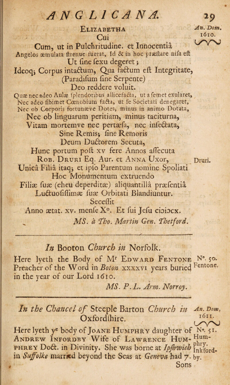 Elizabetha Cui Cum, ut in Pulchritudine. et Innocentia Angelos cemulata ftrenue fuerat, Id & in hoc praeftare nifa eft Ut fine fexu degeret $ Ideoqj Corpus inta&um, Qua faftum eft Integritate, (Paradifum fine Serpente) Deo reddere voluit. Quae nec adeo Aulae fplendoribus allicefa&a, utafemet exularet, Nec adeo libimet Coenobium fadta, ut fe Societati denegaret, Nec ob Corporis fortunaeve Dotes, minus in animo Dotata, Nec ob linguarum peritiam, minus taciturna, Vitam mortemve nec pertsefa, nec infedhta, Sine Remisj fine Remoris Deum Du&orem Secuta, Hunc portum poft xv fere Annos aftecuta Rob. Druri Eq. Aur. et Anna Uxor, Unica Fiiia itaqj et ipfo Parentum nomine Spoliati Hoc Monumentum extruendo Filiae fuse (eheu deperditte) aliquantilla pnefentia Luftuoiiffima: fuse Orbitati Biandiuntur. Seceftit Anno retat. xv. menfe X°. Et fui Jefu ciobcx. MS. a *fho. Martin Gen. ‘Chetford. An. Dom, 1610. Druri. In Booton Church in Norfolk. Here lyeth the Body of Mr Edward Fentone Na. 50. Preacher of the Word in Boton xxxxvi years buried entonej in the year of our Lord 1610. MS. P.L. Arm. Norroy. In the Chancel of Steeple Barton Church in An. Dom, Oxford (hire. , 5 Here lyeth ye body of Joane Humphry daughter of N®. 51. Andrew Infordby Wife of Lawrence Hum- phrey Do6k. in Divinity. She was borne at Ipjhwich in Suffolke marrkd beyond the Seas at Geneva had 7. by. Sons