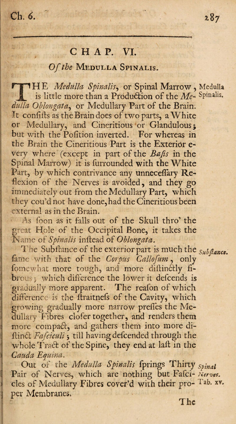 Ch. &lt;5. CHAP. VI. Of the Medulla Spinalis. TH E Medulla Spinalis, or Spinal Marrow , Medulla is little more than a Produftion of the Me- Spinalis. dulla Oblongata, or Medullary Part of the Brain. It confiils as the Brain does of two parts, a White or Medullary, and Cineritious or Glandulous; but with the Pofition inverted. For whereas in the Brain the Cineritious Part is the Exterior e- very where (except in part of the Bafis in the Spinal Marrow) it is furrounded with the White Part, by which contrivance any unneceflary Re¬ flexion of the Nerves is avoided, and they go immediately out from the Medullary Part, which they cou’d not have done,had the Cineritious been external as in the Brain. As foon as it falls out of the Skull thro’ the great Hole of the Occipital Bone, it takes the Name o t Spinalis in Head of Oblongata. rl he Subfcance of the exterior part is much the subjlancs. fame with that of the Corpus Callofum, only fpmewhat more tough, and more diflindtly fi¬ bre j which difference the lower it defeends is gradually more apparent. The reafon of which difference is the firaitnefs of the Cavity, which growing gradually more narrow preffes the Me¬ dullary Fibres clofer together, and renders them more compadf, and gathers them into more di- feindt Fafciculi 3 till having defeended through the whole Tradfc of the Spine, they end at laft in the Cauda Equina. Out of the Medulla Spinalis fprings Thirty spinal Pair of Nerves, which are nothing but Fafci- Nerves. i* cles of Medullary Fibres cover’d with their pro- 1 xv» | per Membranes. The