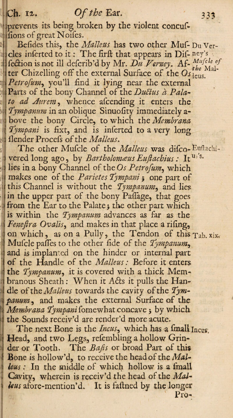 .prevents its being broken by the violent concuf- ifions of great Noifes. Befides this, the Malleus has two other Muf- Du Ver¬ des inferted to it: The firft that appears in Dif- ney’s fedlion is not ill defcrib’d by Mr. Du Vemey. Af- °J ter Chizelling off the external Surface of the Oj j^1 a' Petrofum, you’ll find it lying near the external G Parts of the bony Channel of the DuEius a Pala- to ad Aurem, whence afcending it enters the \tympanum in an oblique Sinuofity immediately a- hove the bony Circle, to which the Membrane Tympani is fixt, and is inferted to a very long flender Procefs of the Malleus. The other Mufcle of the Malleus was difco- f nftachi- vered long ago, by BartholomausEuftacbius : Itc¬ hes in a bony Channel of the Os Petrofum, which makes one of the Parietes Tympani $ one part of this Channel is without the Tympanum, and lies in the upper part of the bony Paflage, that goes * from the Ear to the Palate 5 the other part which is within the Tympanum advances as far as the Fenefira Ovalis, and makes in that place a rifing, on which, as on a Pully, the Tendon of this Tab.xix* Mufcle paffes to the other fide of the Tympanum,, and is implanted on the hinder or internal part of the Handle of the Malleus: Before it enters | the Tympanum, it is covered with a thick Mem- Ibranous Sheath: When it A£ls it pulls the Han¬ dle of th $ Malleus towards the cavity of the Tym- I panum, and makes the external Surface of the | Membrana Tympani fomewhat concave 5 by which the Sounds receiv’d are render’d more acute. The next Bone is the Incus ^ which has a final! Incus; Head, and two Legs, refembling a hollow Grin¬ der or Tooth. The Bafts or broad Part of this 8 Bone is hollow’d, to receive the head of the Mai- i leus : In the middle of which hollow is a fmall 3 Cavity, wherein is receiv’d the head of the Mal- -! leus afore-mention’d. It is faftned by the longer Pro-
