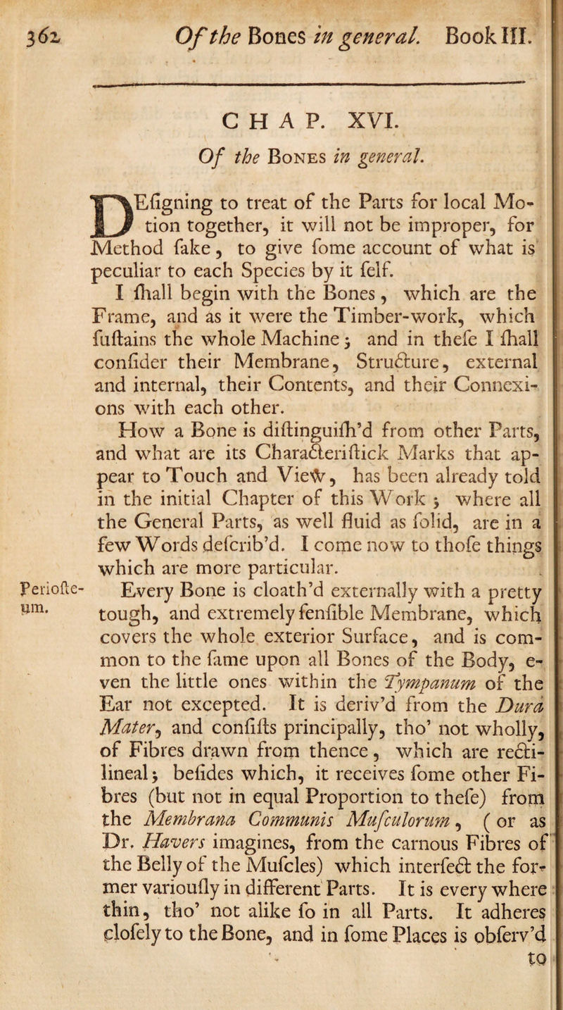 %6z Of the Bones in general. Book III. CHAP. XVI. Of the Bones in general. DEfigning to treat of the Parts for local Mo¬ tion together, it will not be improper, for Method fake, to give fome account of what is peculiar to each Species by it felf. I fhall begin with the Bones, which are the Frame, and as it were the Timber-work, which fuftains the whole Machine3 and in thefe I fhall confider their Membrane, Structure, external and internal, their Contents, and their Connexi¬ ons with each other. How a Bone is diftinguifh’d from other Parts, and what are its Charadleriftick Marks that ap¬ pear to Touch and Vie'fr, has been already told in the initial Chapter of this Work 3 where all the General Parts, as well fluid as folid, are in a few Words defcrib’d. I come now to thofe things which are more particular. jPeriofte- Every Bone is cloath’d externally with a pretty tough, and extremely fenfible Membrane, which covers the whole exterior Surface, and is com¬ mon to the fame upon all Bones of the Body, e- ven the little ones within the Tympanum of the Ear not excepted. It is deriv’d from the Dura Mater, and confifts principally, tho’ not wholly, of Fibres drawn from thence, which are recti¬ lineal 3 belides which, it receives fome other Fi¬ bres (but not in equal Proportion to thefe) from the Membrana Communis Mufculorum, ( or as Dr. Havers imagines, from the carnous Fibres of the Belly of the Mufcles) which interfedt the for&gt; mer varioufly in different Parts. It is every where thin, tho’ not alike fo in all Parts. It adheres clofely to the Bone, and in fome Places is obferv’d ! to