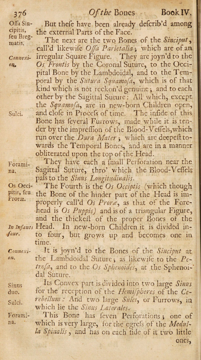 Offa Sin- cipitis, feu Breg- matis. Connexi¬ on Sulci. Forami¬ na, Os Occi- pitis, feu Prorse. In Infants four. Connexi¬ on. Sinus duo. Sulci. Forami¬ na, But thefe have been already defcrib’d among the external Parts of the Face. The next are the two Bones of the Sinciput, call’d likewife Offa Parietalia * which are of an irregular Square Figure. They are joyn’d to the Os Frontis by the Coronal Suture, to the Occi¬ pital Bone by the Lambdoidal, and to the Tem¬ poral by the Sutura S quanto fa, which is of that kind which is not reckon’d genuine y and to each other by the Sagittal Suture: All which, except the Squamofa, are in new-born Children open, and clofe in Procefs of time. The iqfide of this Bone has feveral Furrows, made while it is ten¬ der by the im predion of the Blood-Veffels,which run over the Dura Mater * which are deepeft to¬ wards the Temporal Bones, and are in a manner obliterated upon the top of the Head. They have each a final! Perforation near the Sagittal Suture, thro’ which the Blood-Veflelq pafs to the Sinus Longitudinalis • The Fourth is the Os Occiptis (which though the Bone of the hinder part of the Head is im¬ properly call’d Os Prorre, as that of the Fore¬ head is Os Puppis) and is of a triangular Figure, and the thickeft of the proper Bones of the Plead. In new-born Children it is divided in- - ' &gt; ’ t to four, but grows up and becomes one in time. It is joyn’d to the Bones of the Sinciput at the Lambdoidal Suture \ as likewife to the Pc- trofa, and to the Os Sphenoides, at the Sphenoi-* dal Suture. Its Convex part is divided into two large Sinus for the reception of the Hemifphef.es of the Ce¬ rebellum : And two large Sulci, or Furrows, in which lie the Sinus Laterales. This Bone has feven Perforations; one of which is very large, for the egrefs of the Medul¬ la Spinalis, and has on each tide of it two little ones.