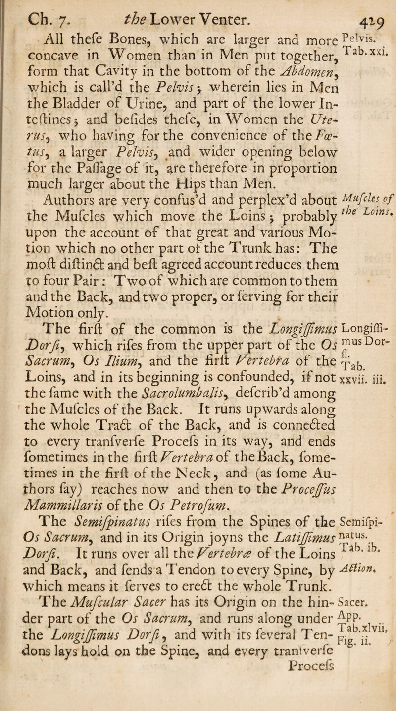 All thefe Bones, which are larger and more Pe1vis- concave in Women than in Men put together, form that Cavity in the bottom of the Abdomen, which is call’d the Pelvis -y wherein lies in Men the Bladder of Urine, and part of the lower lu¬ te (lines 3 and befides thefe, in Women the Ute- rusj who having for the convenience of the Foe- tus, a larger Pelvis, and wider opening below for the Paftage of it, are therefore in proportion much larger about the Hips than Men. Authors are very confus’d and perplex’d about Muf°f the Mufcles which move the Loins $ probably ^3e Lo'ms. upon the account of that great and various Mo¬ tion which no other part of the Trunk has: The mod: diftindf and beffc agreed account reduces them to four Pair: Two of which are common to them and the Back, and two proper, or ferving for their Motion only. The firft of the common is the LongiJJimus Longiffi- Dor ft, which rifes from the upper part of the Os ™usDor- Sacrum, Os Ilium, and the firft Virtebra of the Loins, and in its beginning is confounded, if not xxvii. iii. the fame with the Sacrolumbalisy defcrib’d among the Mufcles of the Back. It runs upwards along the whole Tradt of the Back, and is connedled to every tranfverfe Procefs in its way, and ends fometimes in the fir ft Vertebraohi theBack, fome- times in the firft of the Neck, and (as lome Au¬ thors fay) reaches now and then to the Procejjiis Mammillaris of the Os Petrofium. The Semifpnatus rifes from the Spines of the Semifpi- Os Sacrum, and in its Origin joyns the LatiJJimusnm^\ Dorfi. It runs over all theFertebree of the Loins and Back, and fends a Tendon to every Spine, by 4-ttion. which means it ferves to eredf the whole Trunk. The Mufcular Sacer has its Origin on the hin- Sacer. der part of the Os Sacrum, and runs along under ^pp. the LongiJJimus Dorfi, and with its feveral Ten- dons lays hold on the Spine, and every traniverfe b* Procefs