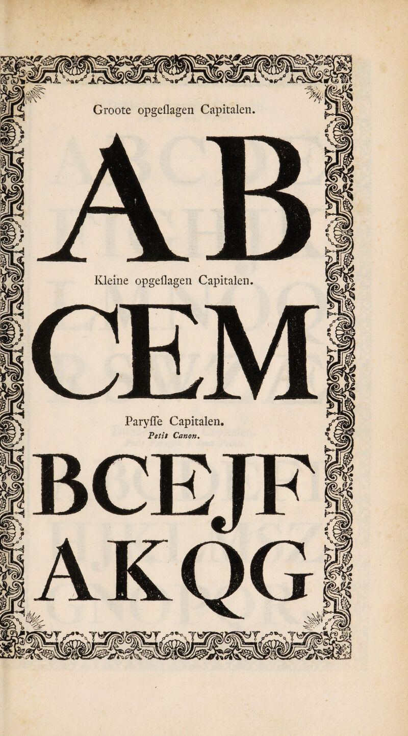 Groote opgeflagen Capitalen Kleine opgeflagen Capitalen Paryfle Capitalen Petit Canon.