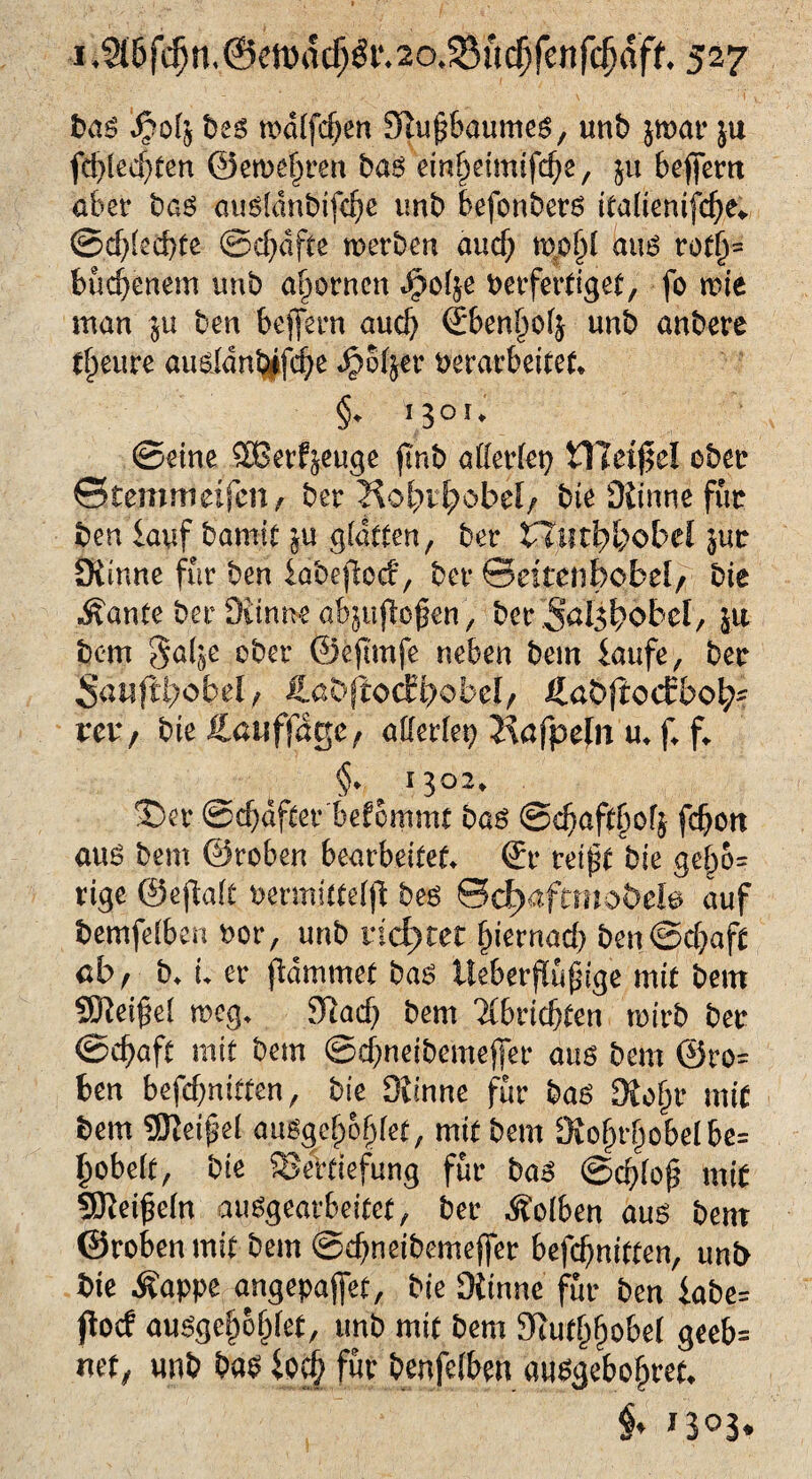 fcaö ^04 t>es mdifdjen 51u£&aumeg, unb jmar ju fd)ted)ten ©erneuen baö einijcimifdje, ju beffern aber ba$ ausldnbifd^e unb befonberö ttalientfc^e» @cf)(cd)fe @d)dfte merben and) nxo§l an$ rotf)= buchenem unb a^ornen J^olje verfertiget, fo rote man $u ben bejfern aud) ©ben()oij unb anbere Cfpeure au&Idntyfdje Jpo%er verarbeitete §♦ 1301. (Seine SBetfjeuge fmb adertet? HTeifel ober &tcmnuifcn, ber Ko^i^obel/ bte Oiinne für ben lauf bamit ju gfdfien, ber Xliitl)l)obd $ur Dtinne für ben Idbejtotf, ber ©eitenbobel/ bie -Äante ber Ditnne abjuftoßen, bcr Saldbobel, ju bem 3alje ober ©efttnfe neben bem laufe, ber Sanfii^obel , üaDfiocfbobel, ÄaÖfiocEbo!^ rer, bie ftauffdge, allerfet; Kafpeln u* f f* §♦ I3°2* 5)er ©d?df£er befcmmt bas @d?afif)of$ fdjott auö bem ©roben bearbeitete (Er reift bie gc(jo= rige @ejla(t vermitteffi: bes ©c^aftmobete auf bemfetben ror, unb richtet f)iernad) ben@d?gffc abr b* u er flammet bas tteberfiufjige mit bem Stteifjei rceg. 9lad) bem Tfbricfften roirb bet ©cffaft mit bem ©dfneibemefer aus bem ©ro= ben befcf;niften, bie Diinne für bas Moffr mit bem SDleifei auSgefjoijtef, mit bem Moijrfiobel be= pöbelt, bie SSebtiefung fuc bas ©cfytof? mit SJleijjein ausgearbeitet, bee Kolben aus bem ©roben mit bem ©dfneibemeffer befcffnitten, unb bie Äappe angepaffet, bie Minne für ben iabe= ftocf ausgcffoijfet, unb mit bem Mufijjjobel geeb= net, unb bas iocf; für benfeiben ausgebojfret. & 1303.