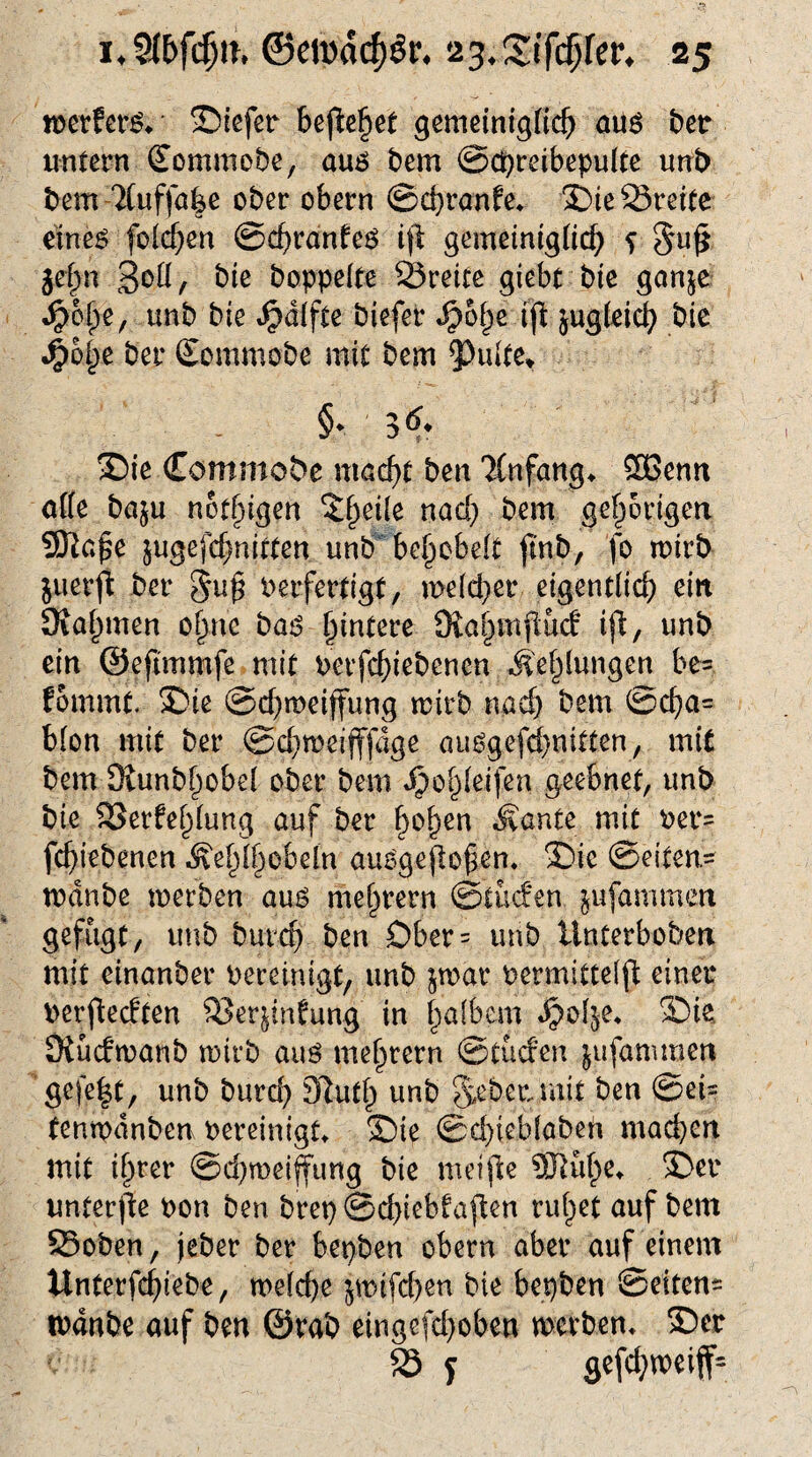 n>erfer& Siefer beftef>ei gemeiniglich aU6 ber untern Commobe, aue> bem ©cpreibepulte unb bem Tluffake ober obern ©chranfe* Ste33reite eines folgen ©chranfes i\\ gemeiniglich s §uf* jef^n 3oll, t>ic hoppelte SSreite giebt bte ganje $ol)e, unb bie ^alfte biefer Jjbfye fji jugleich bie $6l)e ber Sommobe mit bem ?)ulte* §♦ 3^r Sie Commobc macht ben Anfang* £Benn alle baju notigen %fycik nad) bem gehörigen SKajse jugefchniften unb behobelt ftnb, fo roirb juerjl ber §u£ verfertigt, welcher eigentlich ein SRa^men ol>nc bas hintere 9ial)mflüd ift, unb ein ©eftmmfe mit verjchiebenen Äe^lungen be= fommt Sie ©djmeijjung wirb nach bem ©cha= blon mit ber ©chweifffdge ausgefchnitten, mit bem 9iunbf)obel ober bem dpo^leifen geebnet, unb bie 23erfef)lung auf ber hoffen Äante mit ver= fd)iebenen .S'ehihobeln auSgetofüm. Sic ©eiten- tvanbe werben aus ntehrern ©lüden jufammen gefügt, unb burcf) ben Dber= unb Unterboben mit einanber vereinigt, unb jnodr vermittelt einer verftedten 53er$ndung in halbem «^ol^e* Sie Dtüdrvanb wirb aus mehtcrn ©lüden jufamraen gefe|t, unb burd) 9luth unb Jebeunit ben ©ei= temvdnben vereinigt Sie ©d)ieblaben machen mit ibyrer Schweifung bie meißle 5Fiühe* Ser unterfe von ben brep ©chiebfafien ruhet auf bem 23oben, jeher ber bepben obern aber auf einem Unterziehe, weld)e jwifcben bie bepben Seiten^ tvanbe auf ben ©rab eingefd)oben werben* Ser 23 y Sefci^vx>eiff=