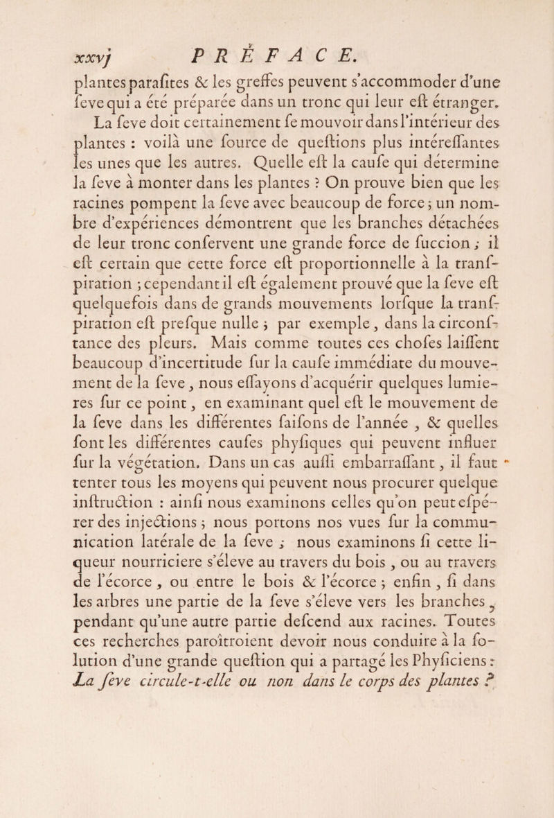 xxvj PRÉFACE. plantes parafites & les greffes peuvent s’accommoder dune feve qui a été préparée dans un tronc qui leur efc étranger. La feve doit certainement fe mouvoir dans l’intérieur des liantes : voilà une fource de queftions plus întéreffantes ies unes que les autres. Quelle eft la caufe qui détermine la feve à monter dans les plantes ? On prouve bien que les racines pompent la feve avec beaucoup de force ; un nom¬ bre d’expériences démontrent que les branches détachées de leur tronc confervent une grande force de fuccion; il eft: certain que cette force eft proportionnelle à la tranf- piration ; cependant il eft également prouvé que la feve eft quelquefois dans de grands mouvements lorfque la tranfir piration eft prefque nulle * par exemple , dans la circonf- tance des pleurs. Mais comme toutes ces chofes laiffent beaucoup d’incertitude fur la caufe immédiate du mouve¬ ment de la feve , nous effayons d’acquérir quelques lumiè¬ res fur ce point, en examinant quel eft le mouvement de la feve dans les différentes faifons de l’année , & quelles font les différentes caufes phyfiques qui peuvent influer fur la végétation. Dans un cas aufli embarraffant, il faut - tenter tous les moyens qui peuvent nous procurer quelque inftrudtion : ainfî nous examinons celles qu’on peutefpé- rer des injeélions ; nous portons nos vues fur la commu¬ nication latérale de la feve ; nous examinons fi cette li¬ queur nourricière s’élève au travers du bois, ou au travers de l’écorce, ou entre le bois & l’écorce ; enfin , h dans les arbres une partie de la feve s’élève vers les branches, pendant qu’une autre partie defcend aux racines. Toutes ces recherches paroîtroient devoir nous conduire à la fo- lution d’une grande queftion qui a partagé les Phyficiens : La feve circule-t-elle ou non dans le corps des plantes ?