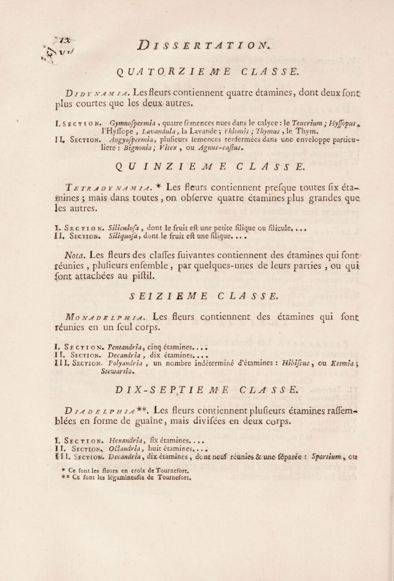 ' IX ^ \rrJ QUATORZIEME CLASSE. % D i dy na m ia. Les fleurs contiennent quatre étamines, dont deux font plus courtes que les deux autres. I. S E c t i o n. Gymnofpermia , quatre femences nues dans le calyce : le Teucrium ; HyJJcpus l’HyfTope , I.avandula, la Lavande ; t hlomis ; Thymus , le Thym. II# Section. Angyofpermia, plufieurs (emences renfermées dans une enveloppe particu¬ lière : Bignonia ; Vitex , ou Agnus-caflus. QUINZIEME CLASSE. T £ tr a d y na m ia. * Les fleurs contiennent prefque toutes fix éta¬ mines ; mais dans toutes 3 on obferve quatre étamines plus grandes que les autres. T. Section. Siliculofa , dont le fruit efl une petite fïlique ou fîlicule. ... îl. Section. Siliquofa, dont le fruit efl une filique. ,. • Nota. Les fleurs des clafles fuivantes contiennent des étamines qui font réunies , plufieurs enfemble , par quelques-unes de leurs parties , ou qui font attachées au piflil. SEIZIEME CLASSE. Mo na d £ l p h ia. Les fleurs contiennent des étamines qui font réunies en un feul corps. I. Section. Pentandria, cinq étamines... ; ï I. Section. Decandria , dix étamines.... III. Section. Polyandria , un nombre indéterminé d’étamines: Hibifcus 5 ou Ketmia ; Stewartia. DIX-SEPTIEME CLASSE. D ia d £ lphia**. Les fleurs contiennent plufieurs étamines ralfem- blées en forme de guaîne, mais divifées en deux corps. î. Section. Hexandria, fix étamines.. .. II. Section.. OUandria, huit étamines... . ï 11. Section. Decandria, dix étamines , dont neuf réunies & une féparée : Spartium y oiï * Ce font les fleurs en croix de Tournefort. ** Ce font les légumineufes de Tournefort»