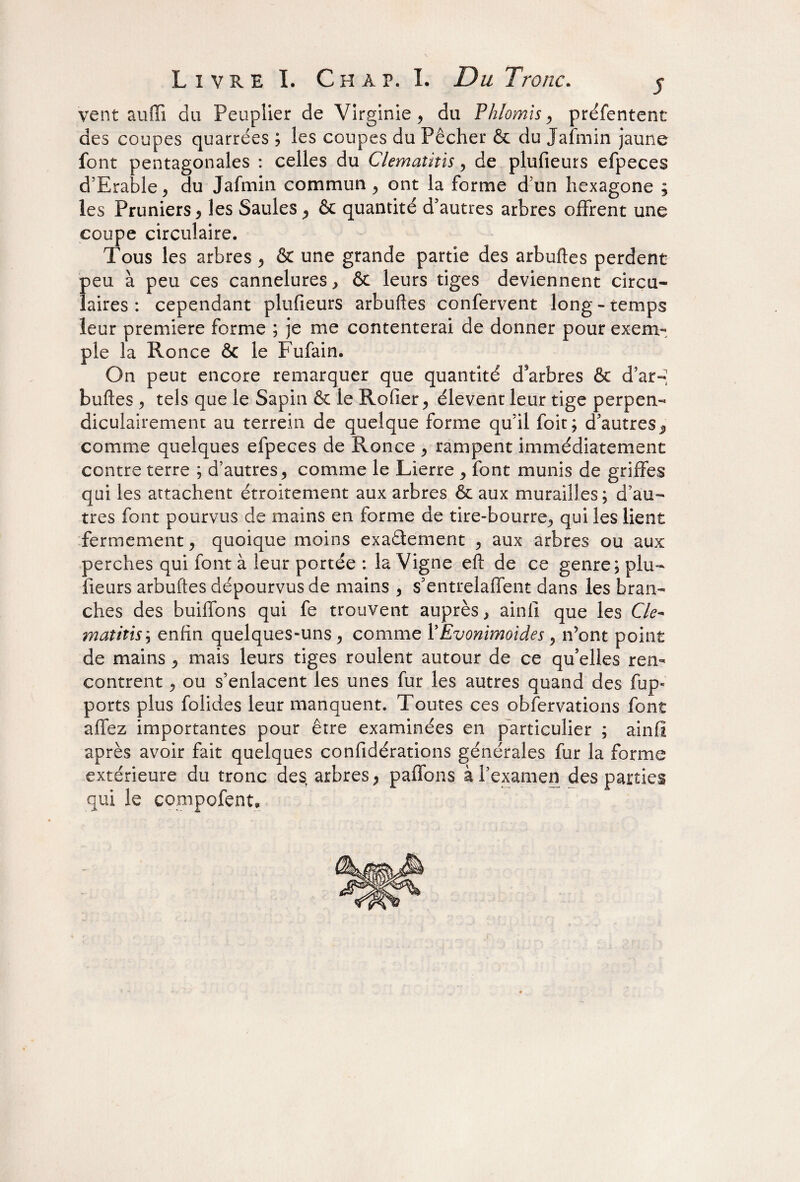 vent auffi du Peuplier de Virginie, du Phlomis, préfentent des coupes quarrées ; les coupes du Pêcher & du Jafmin jaune font pentagonales : celles du Clemaîitis, de plufieurs efpeces d’Erable, du Jafmin commun , ont la forme d'un hexagone ; les Pruniers, les Saules, & quantité d’autres arbres offrent une coupe circulaire. Tous les arbres, & une grande partie des arbuftes perdent {>eu à peu ces cannelures, & leurs tiges deviennent circu- aires: cependant plufieurs arbuftes confervent long-temps leur première forme ; je me contenterai de donner pour exem¬ ple la Ronce & le Fufain. On peut encore remarquer que quantité d’arbres & d’ar-; buftes , tels que le Sapin & le Rofier, élevent leur tige perpen¬ diculairement au terrein de quelque forme qu’il foie; d’autres3 comme quelques efpeces de Ronce, rampent immédiatement contre terre ; d’autres, comme le Lierre , font munis de griffes qui les attachent étroitement aux arbres & aux murailles; d’au¬ tres font pourvus de mains en forme de tire-bourre, qui les lient fermement, quoique moins exactement , aux arbres ou aux perches qui font à leur portée : la Vigne eft de ce genre; plu¬ fieurs arbuftes dépourvus de mains , s’entrelaffent dans les bran¬ ches des buiffons qui fe trouvent auprès, ainfi que les Cle- maîitis ; enfin quelques-uns, comme l’Evonimoides, n’ont point de mains , mais leurs tiges roulent autour de ce qu’elles ren¬ contrent , ou s’enlacent les unes fur les autres quand des fup- ports plus folides leur manquent. Toutes ces observations font affez importantes pour être examinées en particulier ; ainfi après avoir fait quelques confidérations générales fur la forme extérieure du tronc des, arbres, paffons à l’examen des parties qui le çompofent*