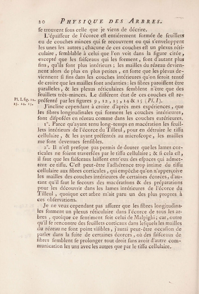 33- 14. 15 20 Physique des Arbres, fe trouvent fous celle que je viens de décrire. L’épaifleur de l'écorce eft entièrement formée de feuillets ou de couches minces qui fe recouvrent ou qui s’enveloppent les unes les autres ; chacune de ces couches elt un plexus réti¬ culaire ^ femblable à celui que l’on voit dans la figure citée , excepté que les faifceaux qui les forment, font d’autant plus fins, qu’ils font plus intérieurs ; les mailles du rézeau devien¬ nent alors de plus en plus petites , en forte que les plexus de¬ viennent fi fins dans les couches intérieures qu’on feroit tenté de croire que les mailles font anéanties : les fibres paroiffent être parallèles > 6c les plexus réticulaires femblent n’être que des feuillets très-minces. Le different état de ces couches eft re- • préfenté par les figures p,i2,i3,i4Ôcij( PI. I ). J’incline cependant à croire d’après mes expériences , que les fibres longitudinales qui forment les couches intérieures * font difpofées en rézeau comme dans les couches extérieures. i°. Parce qu’ayant tenu long-temps en macération les feuil¬ lets intérieurs de l’écorce du Tilleul, pour en détruire le tiflu cellulaire ^ 6c les ayant préfentés au microfcope > les mailles me font devenues fenfibles. 20. Il n’eft prefque pas permis de douter que les lames cor¬ ticales ne foient traversées par le tiflu cellulaire ; 6c fi cela eft5 il faut que les faifceaux laiffent entr’eux des efpaces qui admet¬ tent ce tiflu. C’eft peut-être l’adhérence trop intime du tiflu cellulaire aux fibres corticales , qui empêche qu’on n’apperçoiye les mailles des couches intérieures de certaines écorces, d’au¬ tant qu'il faut le fecours des macérations 6c des préparations pour les découvrir dans les lames intérieures de l’écorce du Tilleul 5 quoique cet arbre niait paru un des plus propres à ces obfervations. Je ne veux cependant pas aflurer que les fibres longitudina¬ les forment un plexus réticulaire dans l’écorce de tous les ar¬ bres y quoique ce fentiment foit celui de Malpighi ; car^ outre qu’il fe rencontre des feuillets corticaux dans lefquelsles mailles du rézeau 11e font point vifibles, j’aurai peut-être occafion de parler dans la fuite de certaines écorces , où des faifceaux de fibres femblent fe prolonger tout droit fans avoir d’autre com¬ munication les uns ayec les autres que par le tiflu cellulaire» v