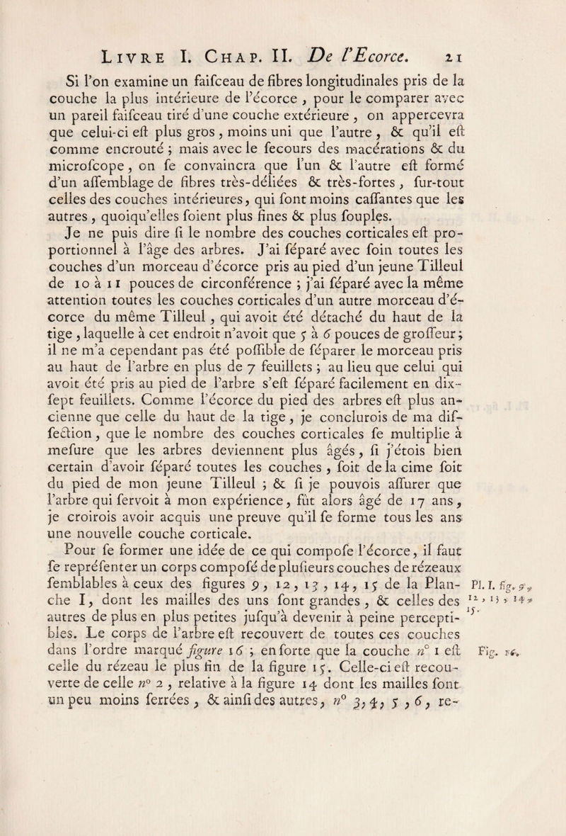 Si Ton examine un faifceau de fibres longitudinales pris de la couche la plus intérieure de Pécorce , pour le comparer avec un pareil faifceau tiré d’une couche extérieure ^ on appercevra que celui-ci eft plus gros , moins uni que l’autre , & qu’il eft comme encroûté ; mais avec le fecours des macérations & du microfcope^ on fe convaincra que Pun & Pautre eft formé d’un affemblage de fibres très-déliées & très-fortes * fur-tout celles des couches intérieures > qui font moins cafTantes que les autres 5 quoiqu’elles foient plus fines & plus fouples. Je ne puis dire fi le nombre des couches corticales eft pro¬ portionnel à l’âge des arbres* J’ai féparé avec foin toutes les couches d’un morceau d’écorce pris au pied d’un jeune Tilleul de 10 à 11 pouces de circonférence ; j’ai féparé avec la même attention toutes les couches corticales d’un autre morceau d’é¬ corce du même Tilleul ^ qui avoir été détaché du haut de la tige j laquelle à cet endroit n’avoit que j à 6 pouces de groffeur ; il ne m’a cependant pas été pofîible de féparer le morceau pris au haut de Parbre en plus de 7 feuillets ; au lieu que celui qui avoit été pris au pied de Parbre s’eft féparé facilement en dix- fept feuillets. Comme Pécorce du pied des arbres eft plus an¬ cienne que celle du haut de la tige ^ je concîurois de ma dif- feâion j que le nombre des couches corticales fe multiplie à mefure que les arbres deviennent plus âgés > fi j’étois bien certain d’avoir féparé toutes les couches > foit de la cime foit du pied de mon jeune Tilleul ; & fi je pouvois affurer que l’arbre qui fervoit à mon expérience ^ fût alors âgé de 17 ans^ je croirois avoir acquis une preuve qu’il fe forme tous les ans une nouvelle couche corticale» Pour fe former une idée de ce qui compofe Pécorce ^ il faut fe repréfenter un corps compofé deplufieurs couches derézeaux femblables à ceux des figures 9 > 12, tj, 14, 15 de la Plan- PI. I. che I, dont les mailles des uns font grandes ^ & celles des autres de plus en plus petites jufqu’à devenir à peine percepti- blés. Le corps de l’arbre eft recouvert de toutes ces couches dans l’ordre marqué figure 16 ; en forte que la couche n 1 eft P%, celle du rézeau le plus fin de la figure 15. Celle-ci eft recou¬ verte de celle n° 2 , relative à la figure 14 dont les mailles font