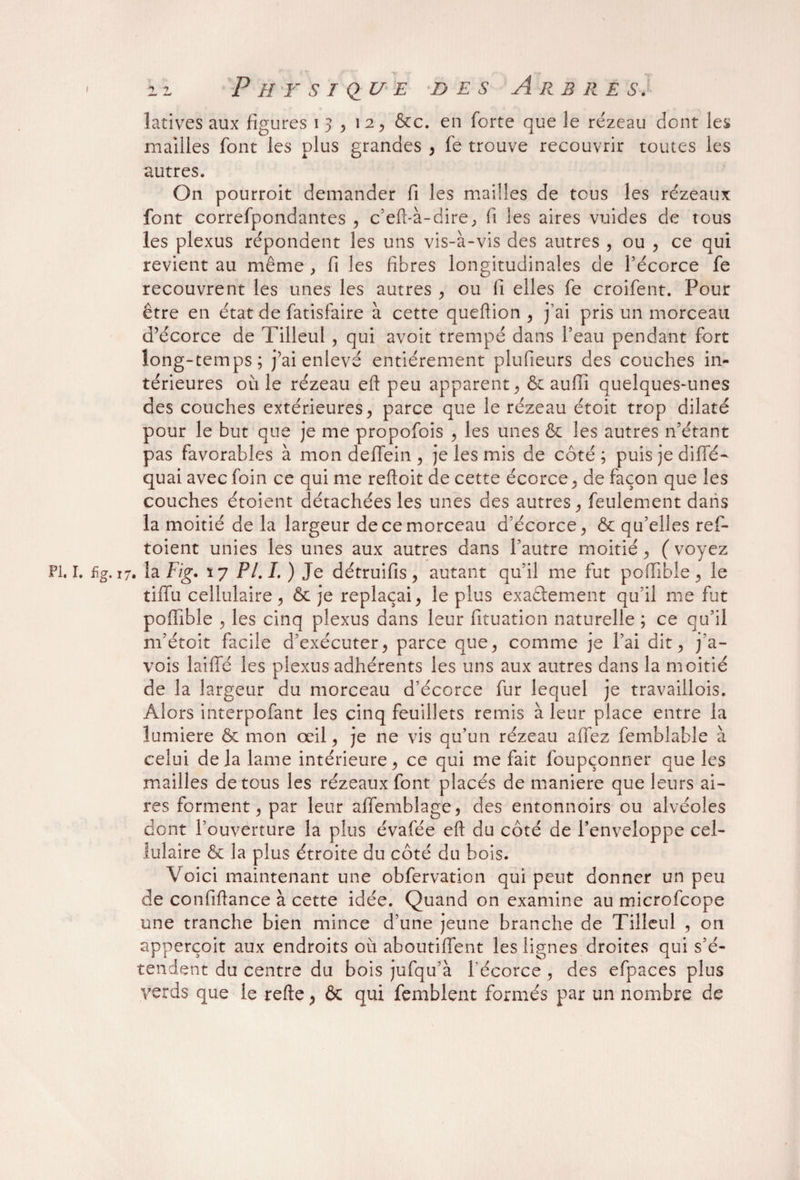 latives aux figures 13 , 12, &c. en forte que le rézeau dont les mailles font les plus grandes > fe trouve recouvrir toutes les autres. On pourroit demander fi les mailles de tous les rézeaux font correfpondantes , c’eft-à-dire, fi les aires vuides de tous les plexus répondent les uns vis-à-vis des autres , ou , ce qui revient au même , fi les fibres longitudinales de l’écorce fe recouvrent les unes les autres , ou fi elles fe croifent. Pour être en état de fatisfaire à cette queftion , j’ai pris un morceau d’écorce de Tilleul , qui avoit trempé dans l’eau pendant fort long-temps; j’ai enlevé entièrement plufieurs des couches in¬ térieures où le rézeau eft peu apparent, & aufii quelques-unes des couches extérieures , parce que le rézeau étoit trop dilaté pour le but que je me propofois , les unes & les autres n’étant pas favorables à mon deffein , je les mis de côté ; puis je diffé- quai avec foin ce qui me reftoit de cette écorce, de façon que les couches étoient détachées les unes des autres, feulement dans la moitié de la largeur de ce morceau d’écorce, & qu’elles ref- toient unies les unes aux autres dans l’autre moitié, ( voyez PI. I. %. 17. la Fig. PI. I. ) Je détruifis , autant qu’il me fut poflibie , le tiflu cellulaire ? & je replaçai, le plus exaâement qu’il me fut pofïible , les cinq plexus dans leur fituation naturelle ; ce qu’il m’étoit facile d’exécuter, parce que, comme je l’ai dit, pa¬ vois laiffé les plexus adhérents les uns aux autres dans la moitié de la largeur du morceau d’écorce fur lequel je travaillois. Alors interpofant les cinq feuillets remis à leur place entre la lumière & mon œil, je ne vis qu’un rézeau affez femblable à celui delà lame intérieure, ce qui me fait foupçonner que les mailles de tous les rézeaux font placés de maniéré que leurs ai¬ res forment, par leur affemblage, des entonnoirs ou alvéoles dont l’ouverture la plus évafée eft du côté de l’enveloppe cel¬ lulaire & la plus étroite du côté du bois. Voici maintenant une obfervation qui peut donner un peu de confiftance à cette idée. Quand on examine au microfcope une tranche bien mince d’une jeune branche de Tilleul , on apperçoit aux endroits où aboutiffent les lignes droites qui s’é¬ tendent du centre du bois jufqu’à l'écorce , des efpaces plus yerds que le refte, & qui femblent formés par un nombre de