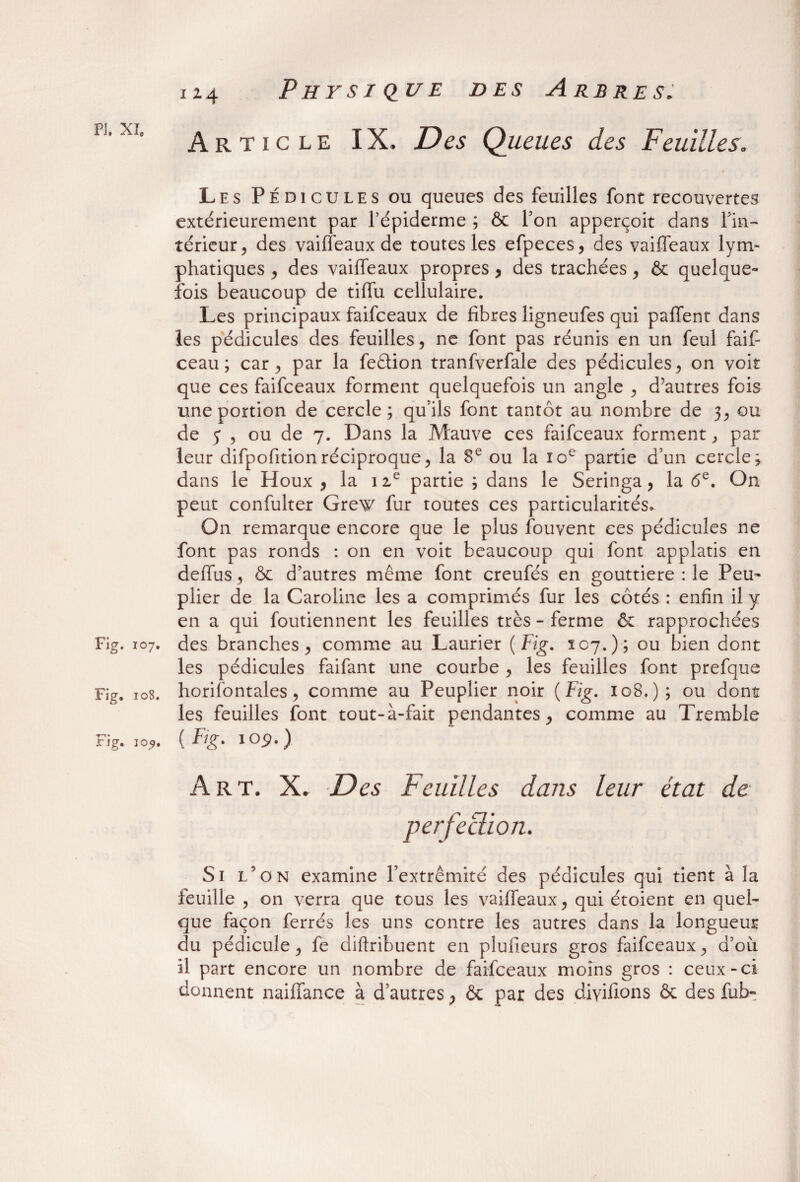 Fig. 107. Fig. 108. Fig. 105. 114 Physique des Arbres. Article IX. Des Queues des Feuilles. Les Pédicules ou queues des feuilles font recouvertes extérieurement par l’épiderme ; & Ton apperçoit dans l'in¬ térieur, des vaiffeaux de toutes les efpeces, des vaiffeaux lym¬ phatiques , des vaiffeaux propres, des trachées, & quelque¬ fois beaucoup de tiffu cellulaire. Les principaux faifceaux de fibres ligneufes qui paffenr dans les pédicules des feuilles, ne font pas réunis en un feul faif- ceau ; car, par la feêtion tranfverfale des pédicules, on voit que ces faifceaux forment quelquefois un angle , d’autres fois une portion de cercle; qu’ils font tantôt au nombre de 3, ou de j , ou de 7. Dans la Mauve ces faifceaux forment, par leur difpofitionréciproque, la 8e ou la 10e partie d’un cercle; dans le Houx , la 12e partie ; dans le Seringa, la 6e. On peut confulter Grew fur routes ces particularités. On remarque encore que le plus fouvent ces pédicules ne font pas ronds : on en voit beaucoup qui font applatis en deffus, & d’autres même font creufés en gouttière : le Peu¬ plier de la Caroline les a comprimés fur les côtés : enfin il y en a qui foutiennent les feuilles très - ferme & rapprochées des branches, comme au Laurier ( Fig. 107.); ou bien dont les pédicules faifant une courbe , les feuilles font prefque horifontales, comme au Peuplier noir ( Fig. 108.); ou dont les feuilles font tout-à-fait pendantes, comme au Tremble (Fig. 10p.) Art. X. Des Peuilles dans leur état de perfection. Si l’on examine l’extrémité des pédicules qui tient à la teuilie , on verra que tous les vaiffeaux, qui étoient en quel¬ que façon ferrés les uns contre les autres dans la longueur du pédicule, fe diftribuent en plufieurs gros faifceaux, d’où il part encore un nombre de faifceaux moins gros : ceux-ci donnent naiffance à d’autres, & par des diyifions & des fub-