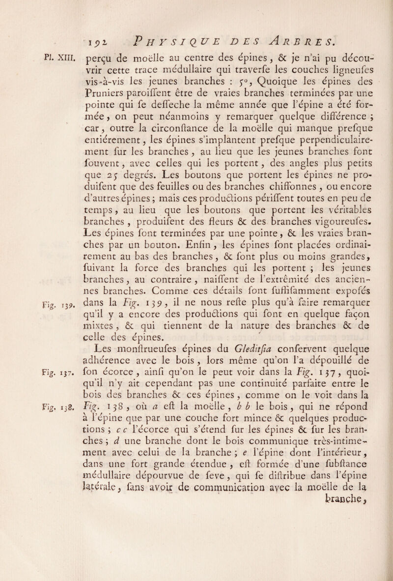 Pi. XIII. perçu de moelle au centre des épines , & je n’ai pu décou¬ vrir cette trace médullaire qui traverfe les couches ligneufes vis-à-vis les jeunes branches : J0, Quoique les épines des Pruniers paroiffent être de vraies branches terminées par une pointe qui fe deffeche la même année que l’épine a été for¬ mée , on peut néanmoins y remarquer quelque différence ; car , outre la circonftance de la moelle qui manque prefque entièrement, les épines s’implantent prefque perpendiculaire¬ ment fur les branches , au lieu que les jeunes branches font fouvent, avec celles qui les portent, des angles plus petits que 2j degrés. Les boutons que portent les épines ne pro- duifent que des feuilles ou des branches chiffonnes , ou encore d’autres épines ; mais ces productions périffent toutes en peu de temps , au lieu que les boutons que portent les véritables branches , produifent des fleurs & des branches vigoureufes. Les épines font terminées par une pointe, & les vraies bran¬ ches par un bouton. Enfin, les épines font placées ordinai¬ rement au bas des branches, & font plus ou moins grandes, fuivant la force des branches qui les portent ; les jeunes branches , au contraire , naiffent de l’extrémité des ancien¬ nes branches. Comme ces détails font fuflifamment expofés 13p. dans la Fig. 139, il ne nous refte plus qu'à faire remarquer qu’il y a encore des productions qui font en quelque façon mixtes, & qui tiennent de la nature des branches & de celle des épines. Les monftrueufes épines du Gleditfia confervent quelque adhérence avec le bois , lors même qu’on l’a dépouillé de Fig. 137. fon écorce, ainfi qu’on le peut voir dans la Fig. 137, quoi¬ qu’il n’y ait cependant pas une continuité parfaite entre le bois des branches & ces épines , comme on le voit dans la Fig. 138. Fig. 138 , où a eft la moelle, b b le bois, qui ne répond à l’épine que par une couche fort mince & quelques produc¬ tions ; c c l’écorce qui s’étend fur les épines & fur les bran¬ ches ; d une branche dont le bois communique très-intime¬ ment avec celui de la branche; e l’épine dont l’intérieur, dans une fort grande étendue , eft formée d’une fubftance médullaire dépourvue de feve , qui fe diftribue dans l’épine latérale, fans avoir de communication avec la moelle de la