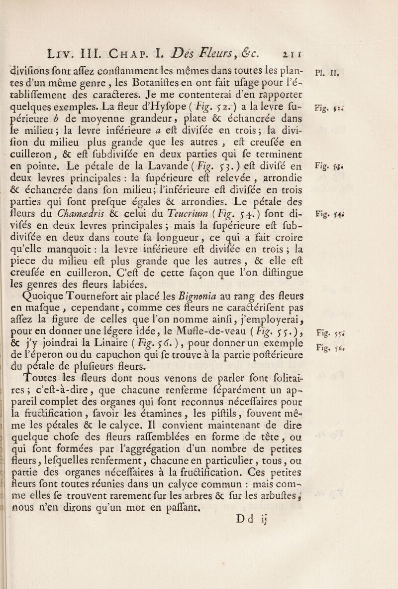 Vivifions font aflez conftamment les mêmes dans toutes les plan¬ tes d’un même genre , les Botaniftes en ont fait ufage pour l e- tabliflement des caraCteres. Je me contenterai d’en rapporter quelques exemples. La fleur d’Hyfope ( Fig. 32. ) a la levre fu¬ périeure b de moyenne grandeur, plate & échancrée dans le milieu ; la levre inférieure a eft divifée en trois ; la divi- fion du milieu plus grande que les autres , eft creufée en cuilleron, & eft fubdivifée en deux parties qui fe terminent en pointe. Le pétale de la Lavande ( Fig. 5*3.) eft divifé en deux levres principales : la fupérieure eft relevée , arrondie & échancrée dans fon milieu; l’inférieure eft divifée en trois parties qui font prefque égales & arrondies. Le pétale des fleurs du Chamœdris & celui du Teucrium (Fig. 5*4.) font di- vifés en deux levres principales ; mais la fupérieure eft fub¬ divifée en deux dans toute fa longueur, ce qui a fait croire qu’elle manquoit : la levre inférieure eft divifée en trois ; la piece du milieu eft plus grande que les autres , & elle eft creufée en cuilleron. C’eft de cette façon que l’on diftingue les genres des fleurs labiées. Quoique Tournefort ait placé les Bignonia au rang des fleurs en mafque , cependant, comme ces fleurs ne caraCtérifent pas aflez la figure de celles que l’on nomme ainfi, j’employerai, pour en donner une légère idée, le Mufie-de-veau (Fig. 5* 5*.), & j’y joindrai la Linaire ( Fig. y 6. ), pour donner un exemple de l’éperon ou du capuchon qui fe trouve à la partie poftérieure du pétale de plufieurs fleurs. Toutes les fleurs dont nous venons de parler font folitai- res; c’eft-à-dire, que chacune renferme féparément un ap¬ pareil complet des organes qui font reconnus néceflaires pour la fructification, favoir les étamines, les piftils, fouvent mê¬ me les pétales & le calyce. Il convient maintenant de dire quelque chofe des fleurs raflemblées en forme de tête, ou qui font formées par l’aggrégation d’un nombre de petites fleurs, lefquelles renferment, chacune en particulier , tous, ou partie des organes néceflaires à la fructification. Ces petites fleurs font toutes réunies dans un calyce commun : mais com¬ me elles fe trouvent rarement fur les arbres & fur les arbuftes 3 nous n’en dirons qu’un mot en paflant» Dd ij PI. IL Fig. Fig. Fig. *4* Fig. 5*; Fig. 56.