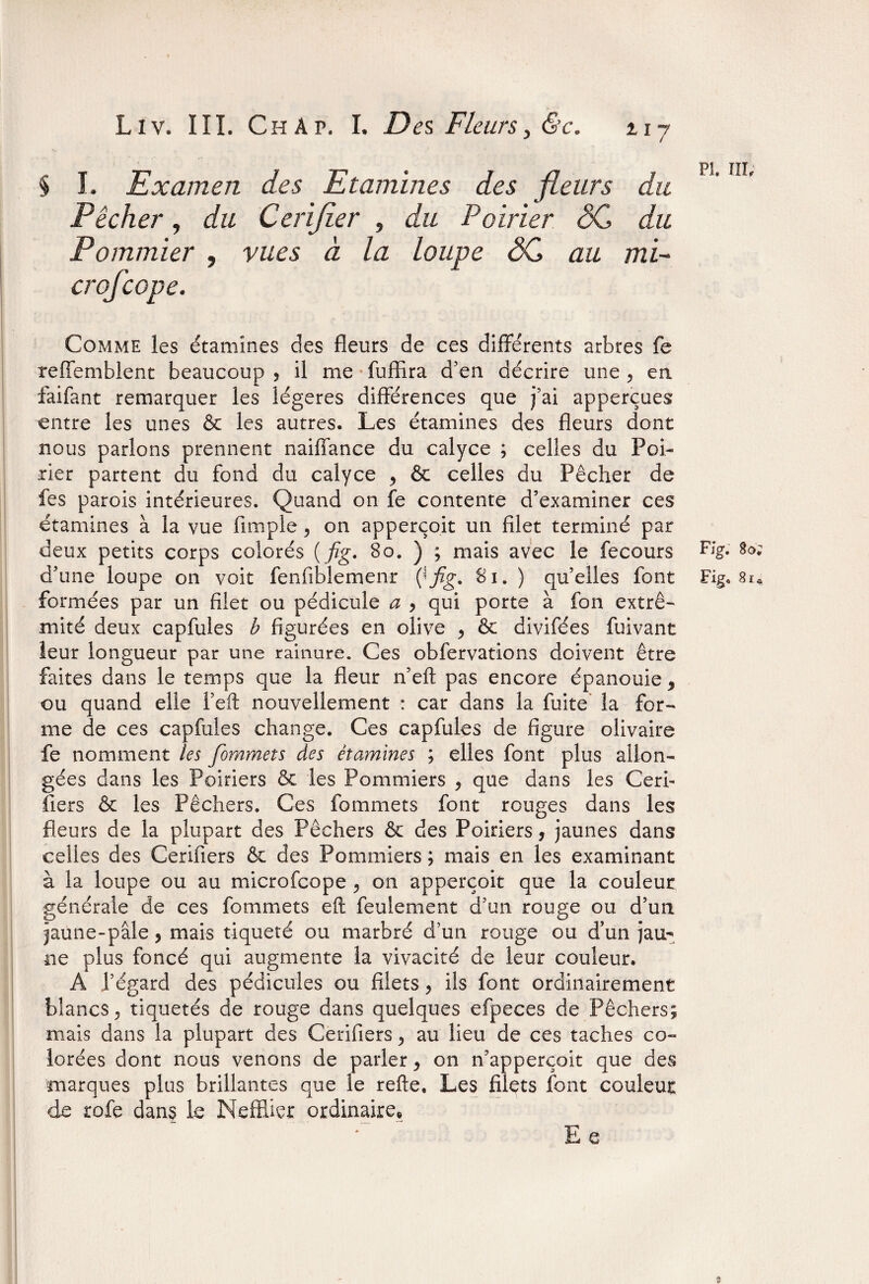 § I. Examen des Etamines des fleurs du Pêcher, du Cenfler , du Poirier ÔC du Pommier , vues à la loupe ÔC au mi~ crofcope. Comme les étamines des fleurs de ces différents arbres fe reffemblent beaucoup 5 il me fuffira d'en décrire une , en faifant remarquer les légères différences que j’ai apperçues entre les unes & les autres. Les étamines des fleurs dont nous parlons prennent naiffance du calyce ; celles du Poi¬ rier partent du fond du calyce 9 & celles du Pêcher de fes parois intérieures. Quand on fe contente d’examiner ces étamines à la vue Ample , on apperçoit un filet terminé par deux petits corps colorés (fig. 80. ) ; mais avec le fecours d’une loupe on voit fenfiblemenr (* fig. 8 i. ) qu’elles font formées par un filet ou pédicule a 9 qui porte à fon extré¬ mité deux capfules b figurées en olive 9 & divifées fuivant leur longueur par une rainure. Ces obfervations doivent être faites dans le temps que la fleur n’efl: pas encore épanouie 9 ou quand elle l’eft nouvellement : car dans la fuite la for¬ me de ces capfules change. Ces capfules de figure olivaire fe nomment les fommets des éiamines ; elles font plus allon¬ gées dans les Poiriers & les Pommiers 9 que dans les Ceri¬ fiers & les Pêchers. Ces fommets font rouges dans les fleurs de la plupart des Pêchers ôc des Poiriers, jaunes dans celles des Cerifiers & des Pommiers ; mais en les examinant à la loupe ou au microfcope 9 on apperçoit que la couleur générale de ces fommets efi: feulement d’un rouge ou d’un jaune-pâle, mais tiqueté ou marbré d’un rouge ou d’un jau¬ ne plus foncé qui augmente la vivacité de leur couleur. A l’égard des pédicules ou filets ? ils font ordinairement blancs 5 tiquetés de rouge dans quelques efpeces de Pêchers; mais dans la plupart des Cerifiers 9 au lieu de ces taches co¬ lorées dont nous venons de parler 9 on n’apperçoit que des marques plus brillantes que le refte, Les filets font couleur de rofe dans le Neffîier ordinaire. PL III; Fig. 80; Fig. Siû Ee
