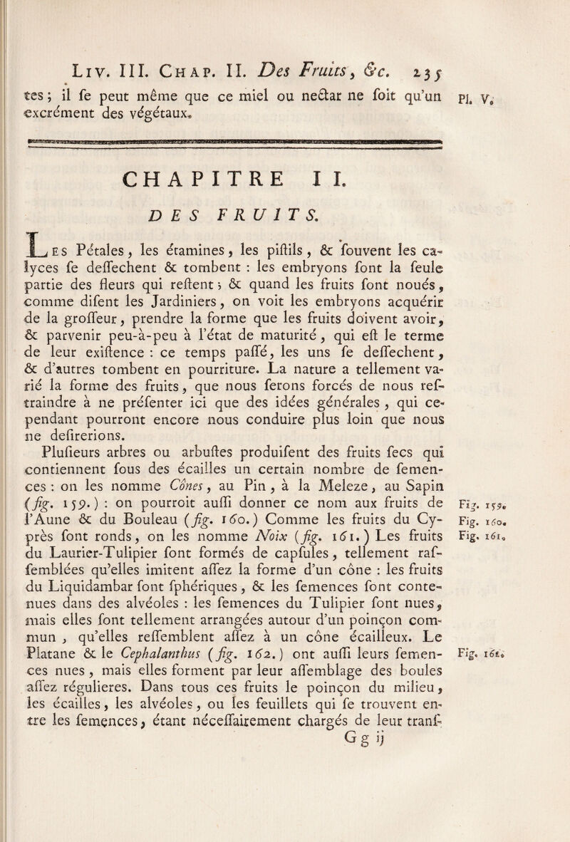 « tes ; il fe peut même que ce miel ou ne&ar ne foit qu'un excrément des végétaux* CHAPITRE IL DES FRUITS. T i es Pétales, les étamines, les piftils , & fouvent les ca- lyces fe deffechent & tombent : les embryons font la feule partie des fleurs qui relient * & quand les fruits font noués, comme difent les Jardiniers, on voit les embryons acquérie de la groffeur, prendre la forme que les fruits doivent avoir, & parvenir peu-à-peu à l’état de maturité, qui eft le terme de leur exiltence : ce temps paiïe, les uns fe deffechent, & d’autres tombent en pourriture. La nature a tellement va¬ rié la forme des fruits, que nous ferons forcés de nous reff craindre à ne préfenter ici que des idées générales , qui ce¬ pendant pourront encore nous conduire plus loin que nous ne defirerions. Plufieurs arbres ou arbuftes produifent des fruits fecs qui contiennent fous des écailles un certain nombre de fe me Li¬ ces : on les nomme Cônes, au Pin , à la Meleze, au Sapin (fig. îjp. ) : on pourroit auffî donner ce nom aux fruits de Fig. i^c l’Aune & du Bouleau (fig. 160. ) Comme les fruits du C'y» Fig. 160. près font ronds, on les nomme Noix {fig. 161.) Les fruits Fig. i6u du Laurier-Tulipier font formés de capfules, tellement raf- femblées qu’elles imitent affez la forme d’un cône : les fruits du Liquidambar font fphériques, & les femences font conte¬ nues dans des alvéoles : les femences du Tulipier font nues, mais elles font tellement arrangées autour d’un poinçon com¬ mun > qu’elles reffemblent affez à un cône écailleux. Le Platane & le Cephalanthus (fig. 162.) ont aufli leurs femen- Fig. i6u ces nues , mais elles forment par leur afiemblage des boules affez régulières. Dans tous ces fruits le poinçon du milieu, les écailles, les alvéoles, ou les feuillets qui fe trouvent en¬ tre les femences, étant néceffairement chargés de leur trant G g ij